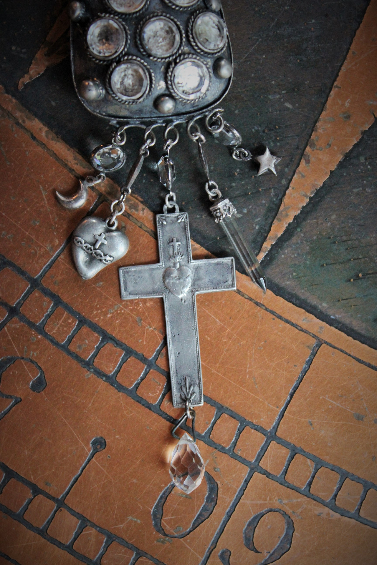 Antique Prayer Box with Inset Faceted Crystals,French Sacred Heart Cross,Antique Sterling Puffy Star and Crescent Moon,Silver Capped Quartz Point,Antique Faceted Rock Crystal Tear Drop