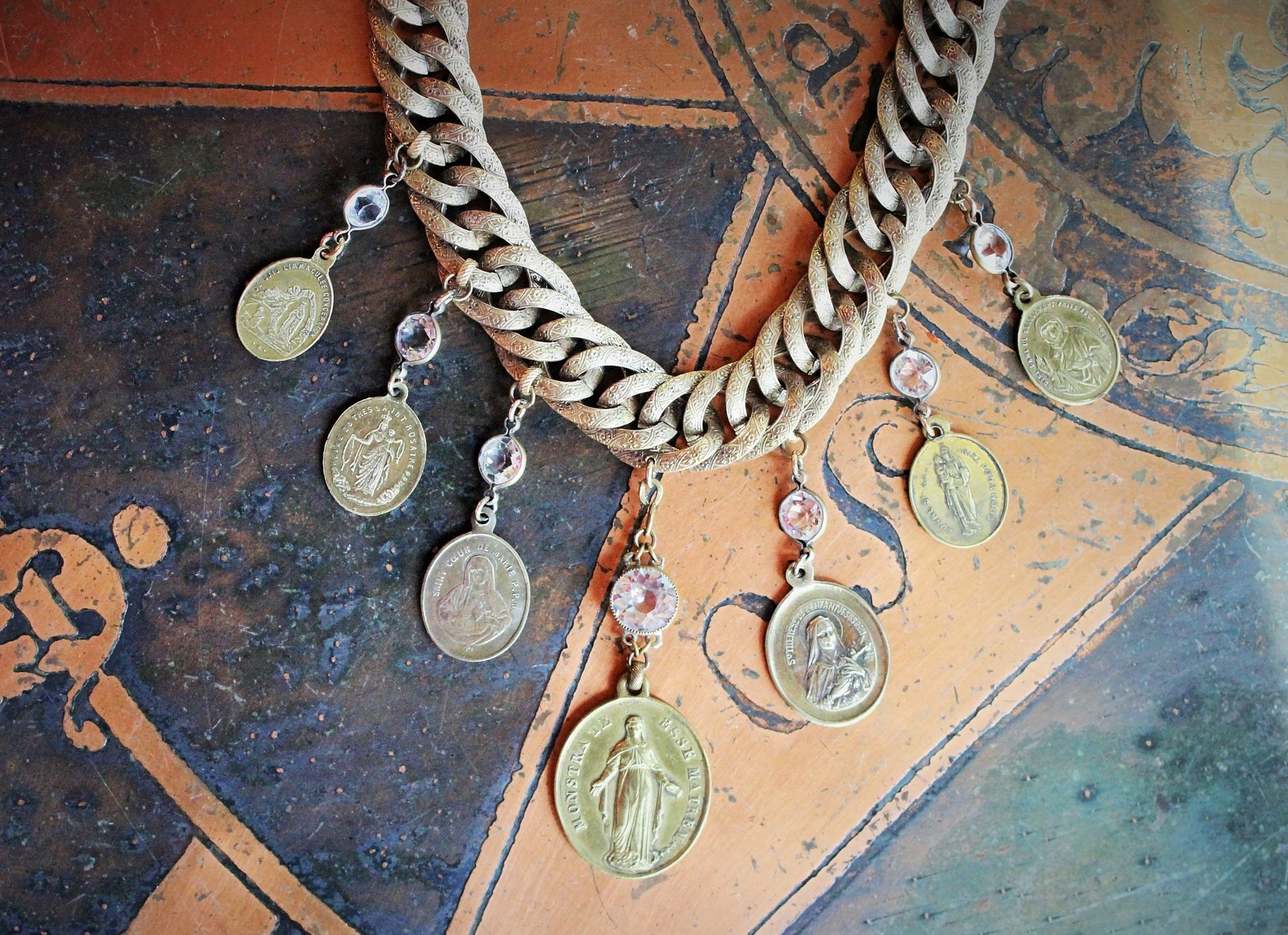 Show Yourself a Mother Necklace w/Exceptional Antique French Marian Medal, Antique Bezel Set Faceted Rock Crystal Connectors, Antique Embossed Link Chain