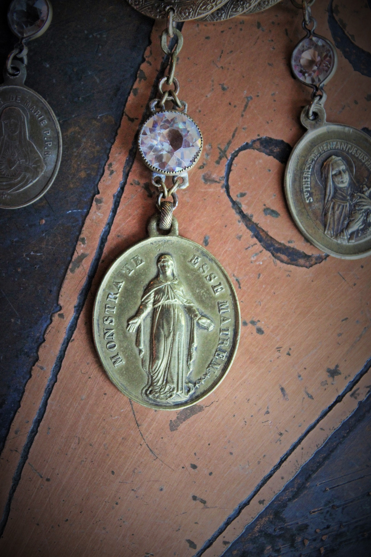 Show Yourself a Mother Necklace w/Exceptional Antique French Marian Medal, Antique Bezel Set Faceted Rock Crystal Connectors, Antique Embossed Link Chain