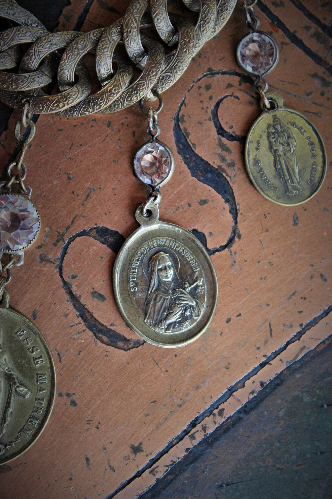 Show Yourself a Mother Necklace w/Exceptional Antique French Marian Medal, Antique Bezel Set Faceted Rock Crystal Connectors, Antique Embossed Link Chain