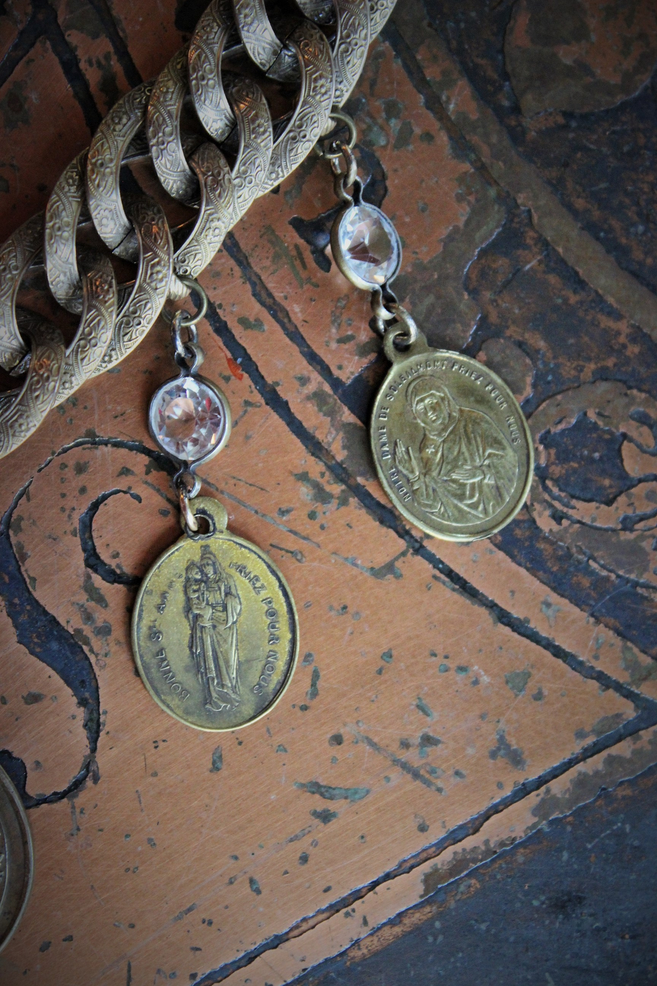 Show Yourself a Mother Necklace w/Exceptional Antique French Marian Medal, Antique Bezel Set Faceted Rock Crystal Connectors, Antique Embossed Link Chain