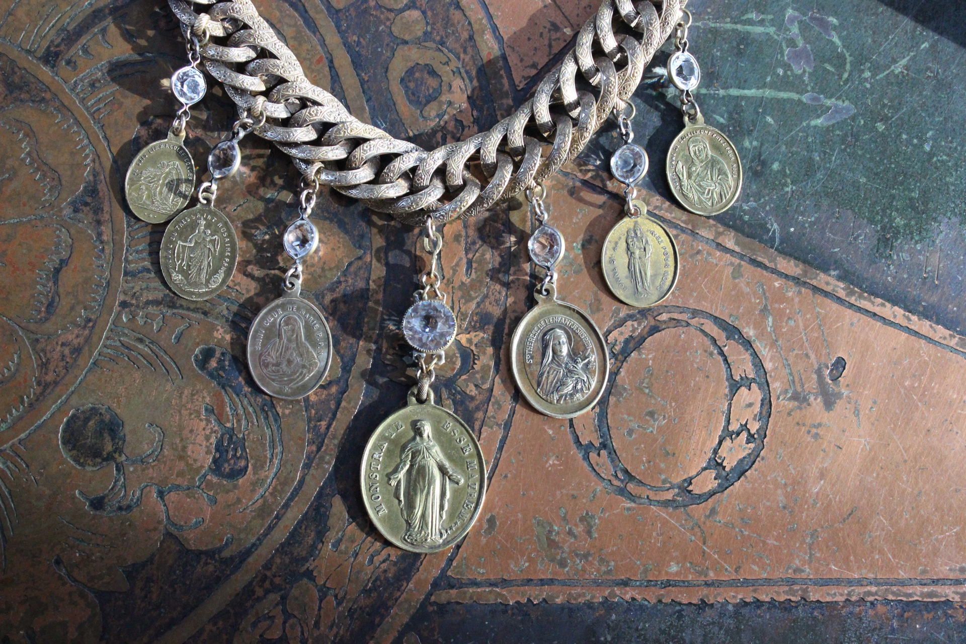 Show Yourself a Mother Necklace w/Exceptional Antique French Marian Medal, Antique Bezel Set Faceted Rock Crystal Connectors, Antique Embossed Link Chain