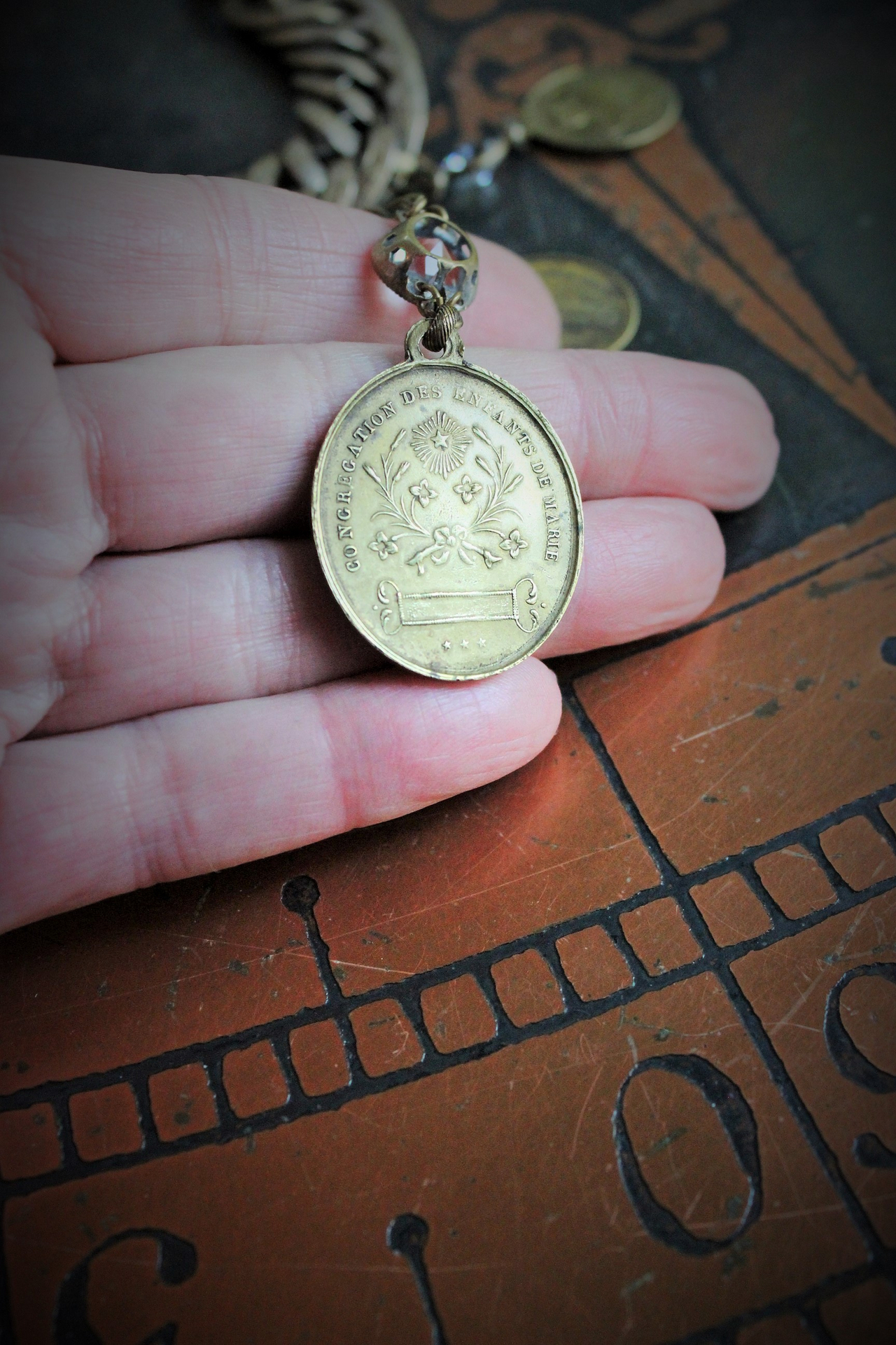 Show Yourself a Mother Necklace w/Exceptional Antique French Marian Medal, Antique Bezel Set Faceted Rock Crystal Connectors, Antique Embossed Link Chain