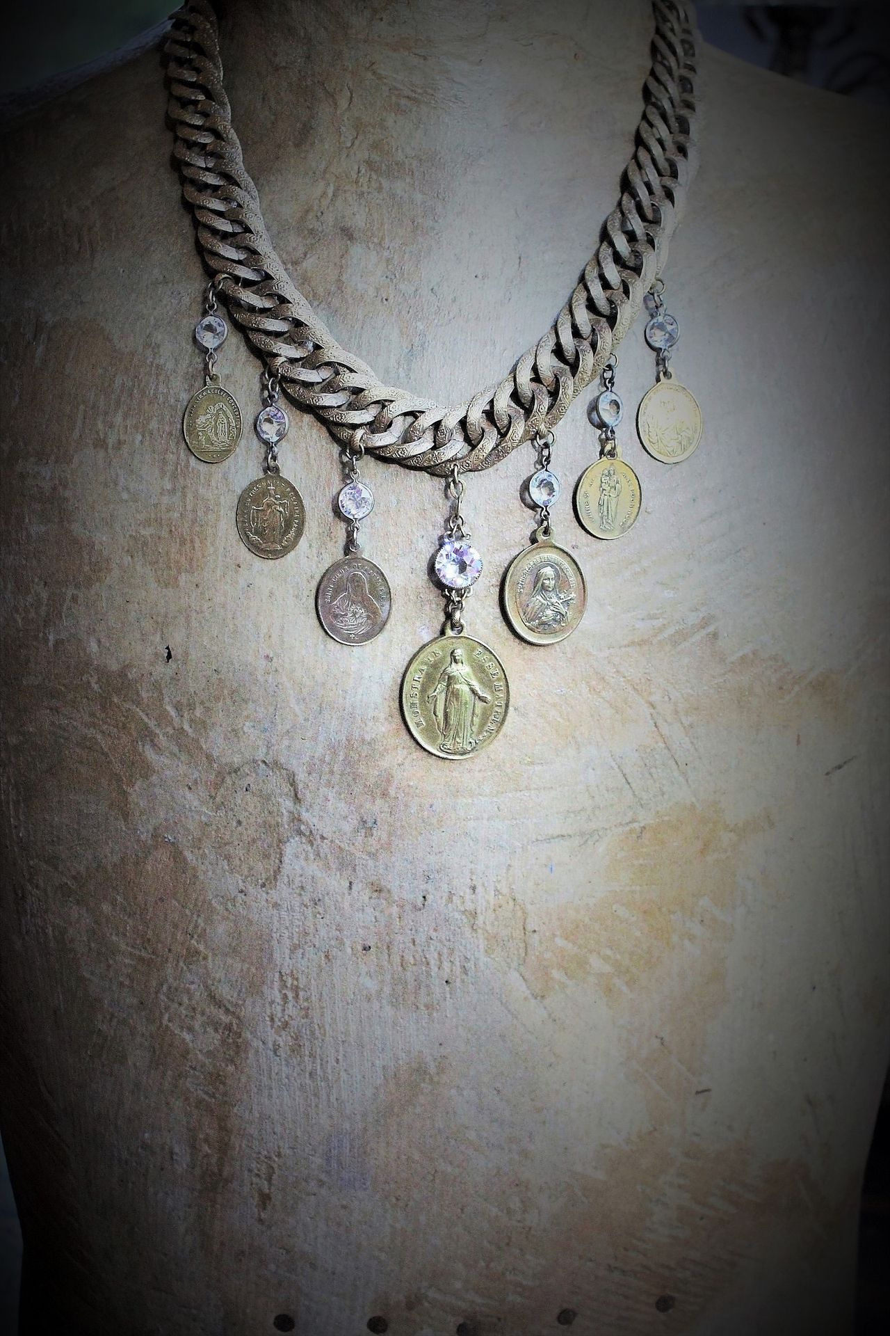 Show Yourself a Mother Necklace w/Exceptional Antique French Marian Medal, Antique Bezel Set Faceted Rock Crystal Connectors, Antique Embossed Link Chain