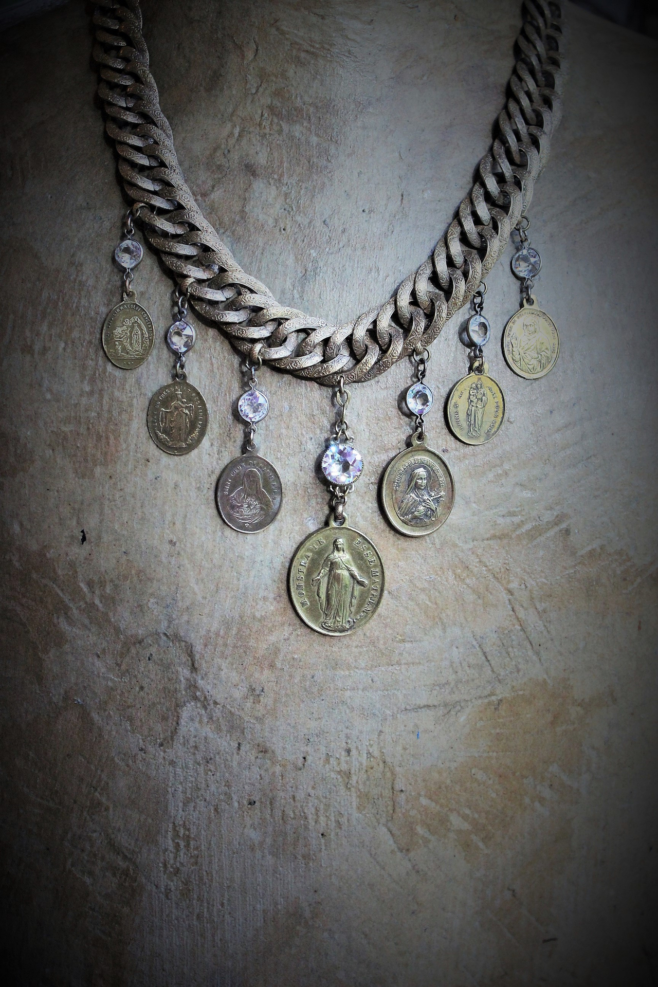 Show Yourself a Mother Necklace w/Exceptional Antique French Marian Medal, Antique Bezel Set Faceted Rock Crystal Connectors, Antique Embossed Link Chain