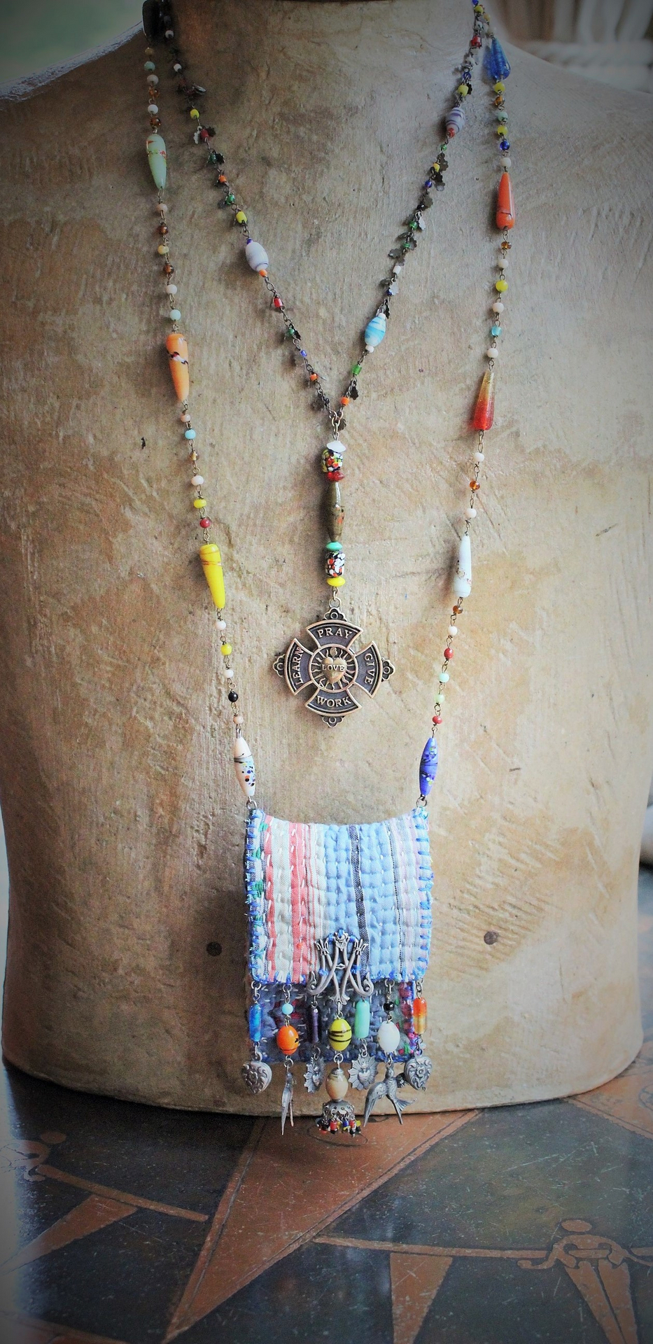 NEW! Antique Kantha Handstitched Pounch Pendant w/Miniature Bound The Prophet Book,Antique Art Deco Mardis Gras Beads & Chains,French Medals & Sparrows