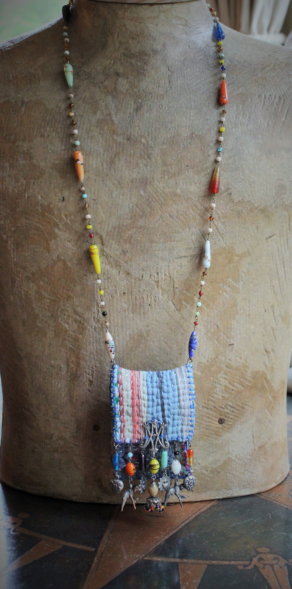NEW! Antique Kantha Handstitched Pounch Pendant w/Miniature Bound The Prophet Book,Antique Art Deco Mardis Gras Beads & Chains,French Medals & Sparrows