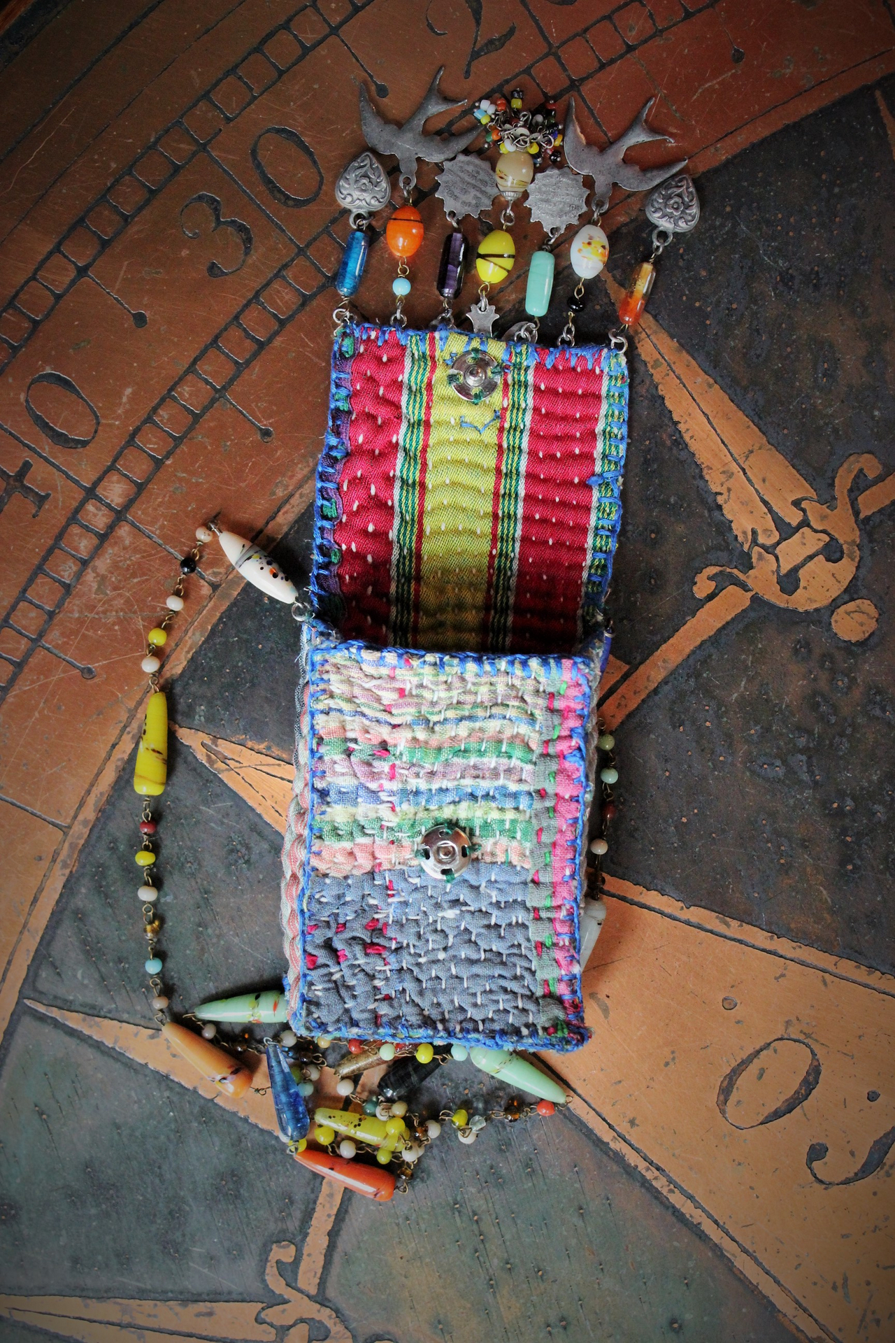 NEW! Antique Kantha Handstitched Pounch Pendant w/Miniature Bound The Prophet Book,Antique Art Deco Mardis Gras Beads & Chains,French Medals & Sparrows