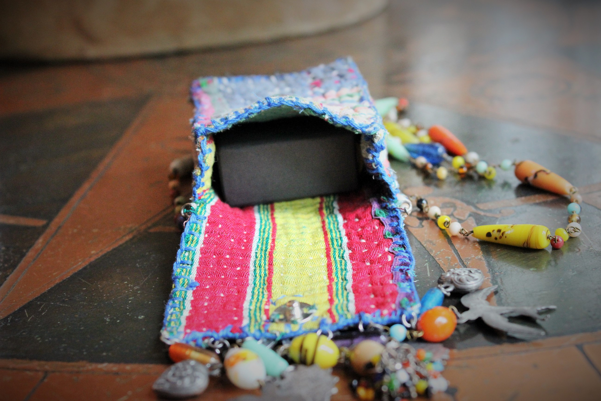 NEW! Antique Kantha Handstitched Pounch Pendant w/Miniature Bound The Prophet Book,Antique Art Deco Mardis Gras Beads & Chains,French Medals & Sparrows