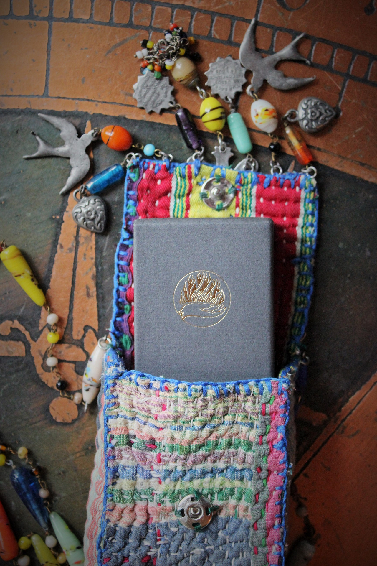 NEW! Antique Kantha Handstitched Pounch Pendant w/Miniature Bound The Prophet Book,Antique Art Deco Mardis Gras Beads & Chains,French Medals & Sparrows