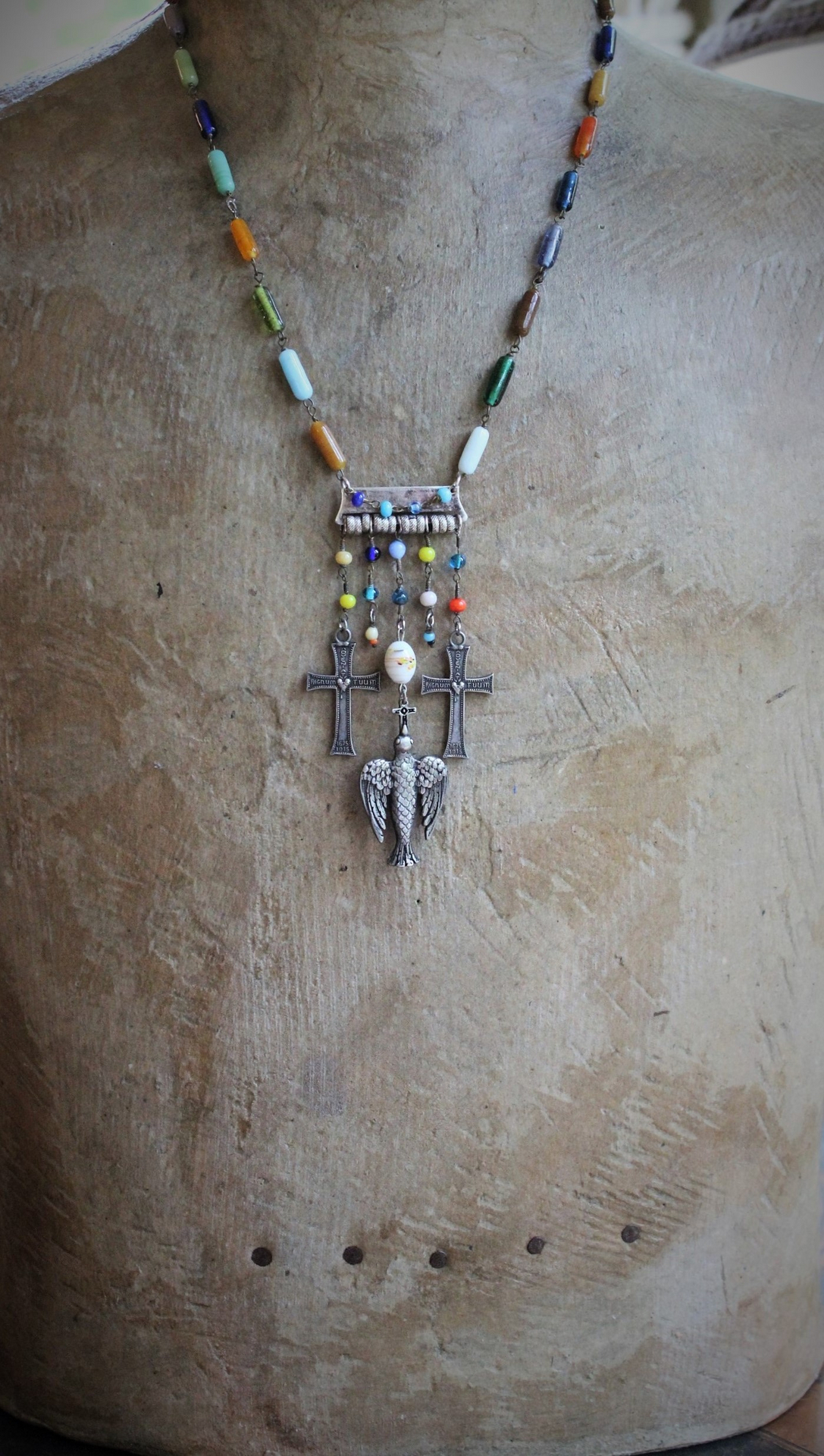 Peace Dove Necklace w/Antique Art Deco Mardi Gras Glass Bead Chain & Dangles,French Dove of Peace Pendant, French "Adveniat Regnum Tuum" (Thy Kingdom Come) Crosses