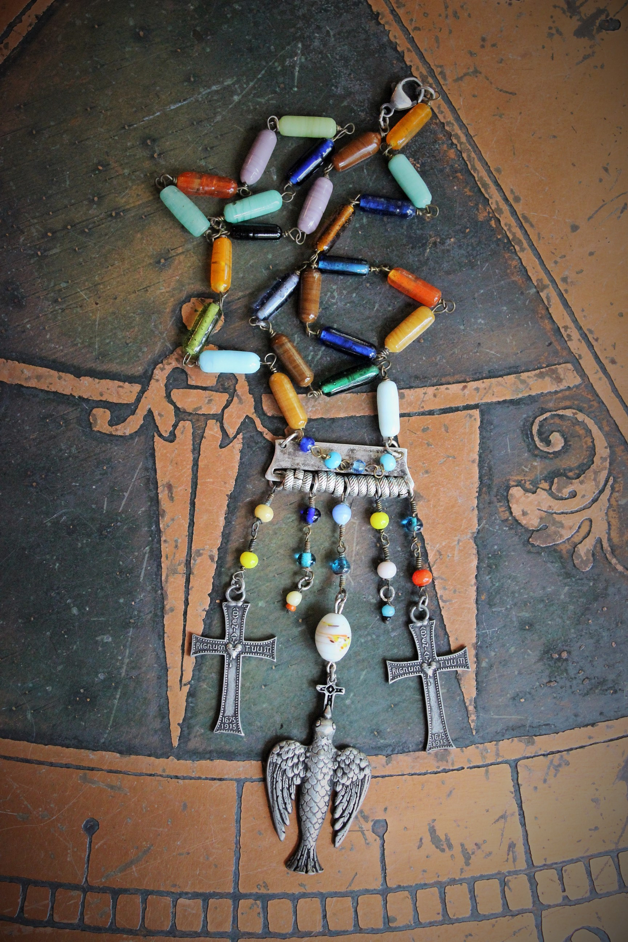 Peace Dove Necklace w/Antique Art Deco Mardi Gras Glass Bead Chain & Dangles,French Dove of Peace Pendant, French "Adveniat Regnum Tuum" (Thy Kingdom Come) Crosses