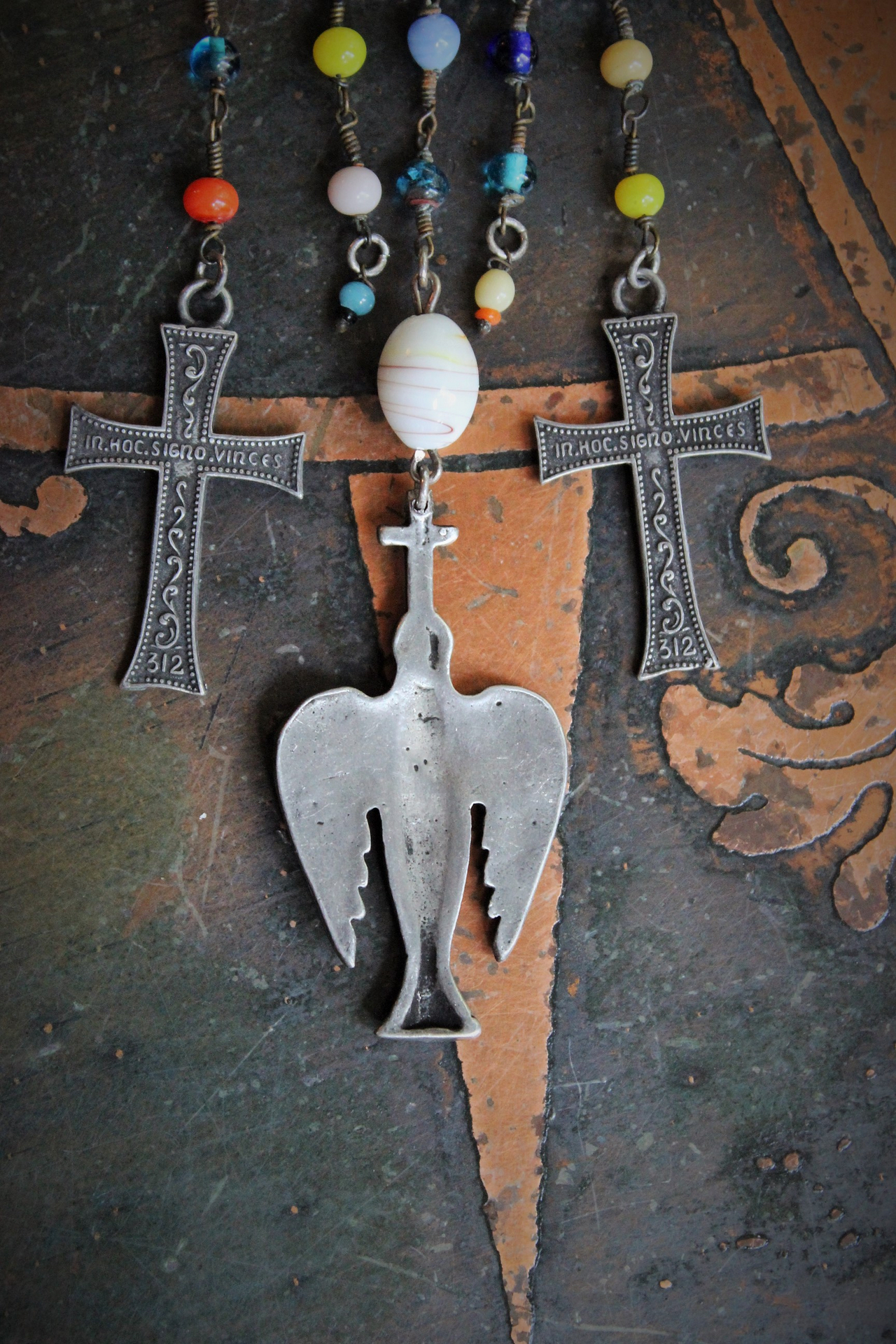Peace Dove Necklace w/Antique Art Deco Mardi Gras Glass Bead Chain & Dangles,French Dove of Peace Pendant, French "Adveniat Regnum Tuum" (Thy Kingdom Come) Crosses