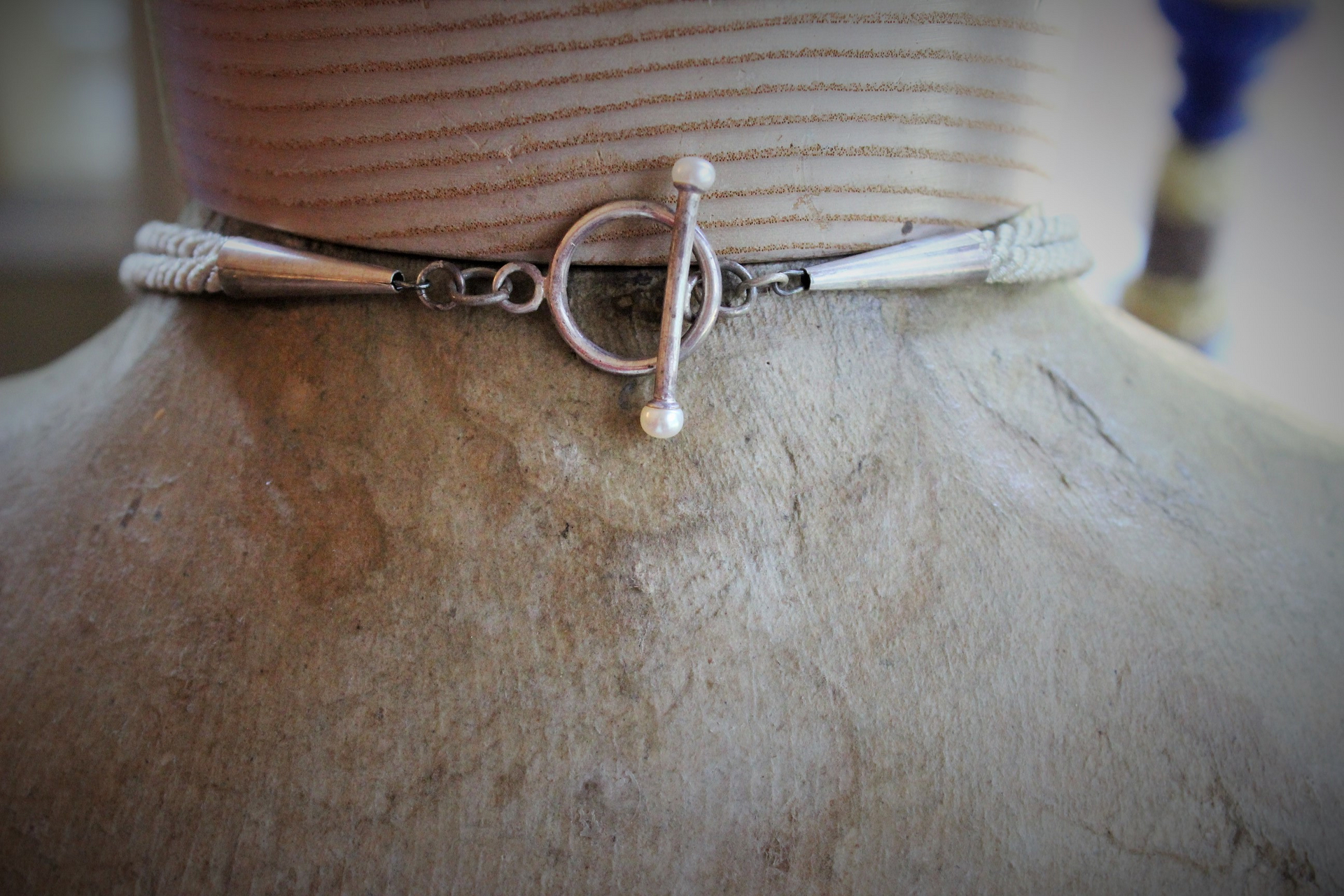 Amazing Vintage Sterling White Topaz Link Chain Necklace w/Silver Metallic Cord Chain,Sterling End Caps,Sterling & Pearl Toggle Closure