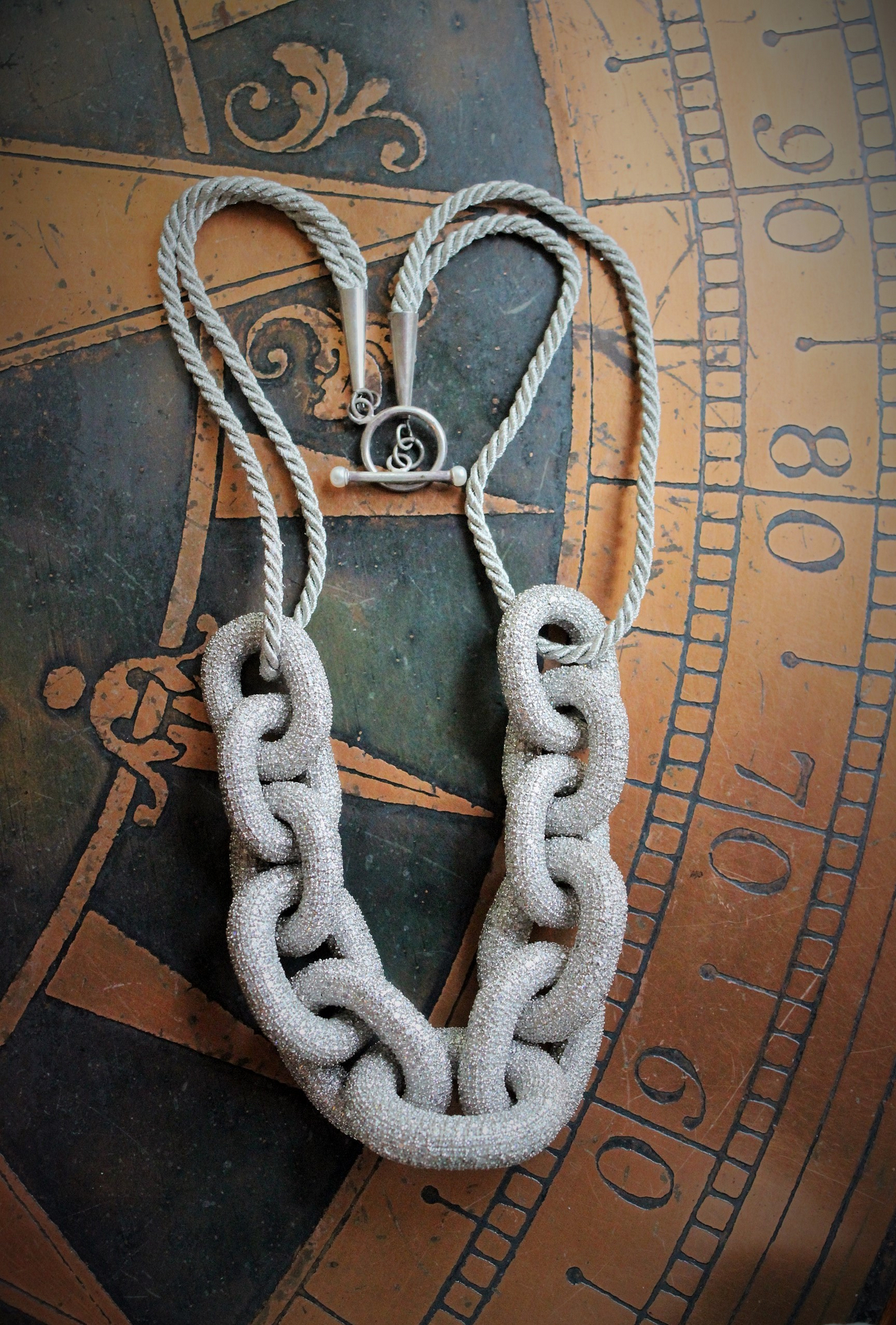 Amazing Vintage Sterling White Topaz Link Chain Necklace w/Silver Metallic Cord Chain,Sterling End Caps,Sterling & Pearl Toggle Closure