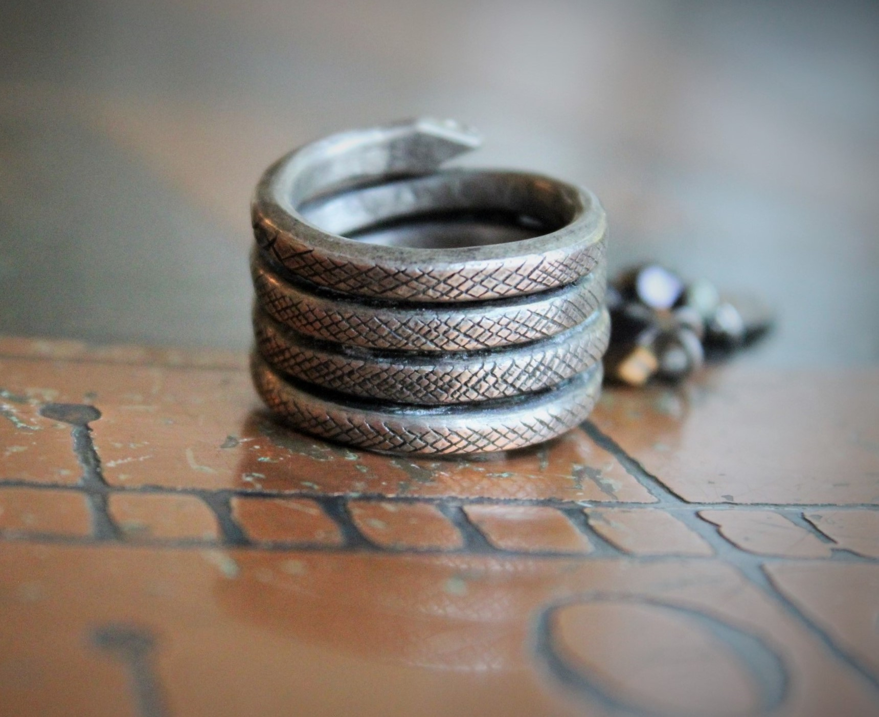 The Triumph Ring w/Antique Sterling Coiled Serpent Band,Antique French Marian & Sacred Heart of Jesus Medals,Antique Sterling Cross,Antique Faceted Glass Bead Connectors