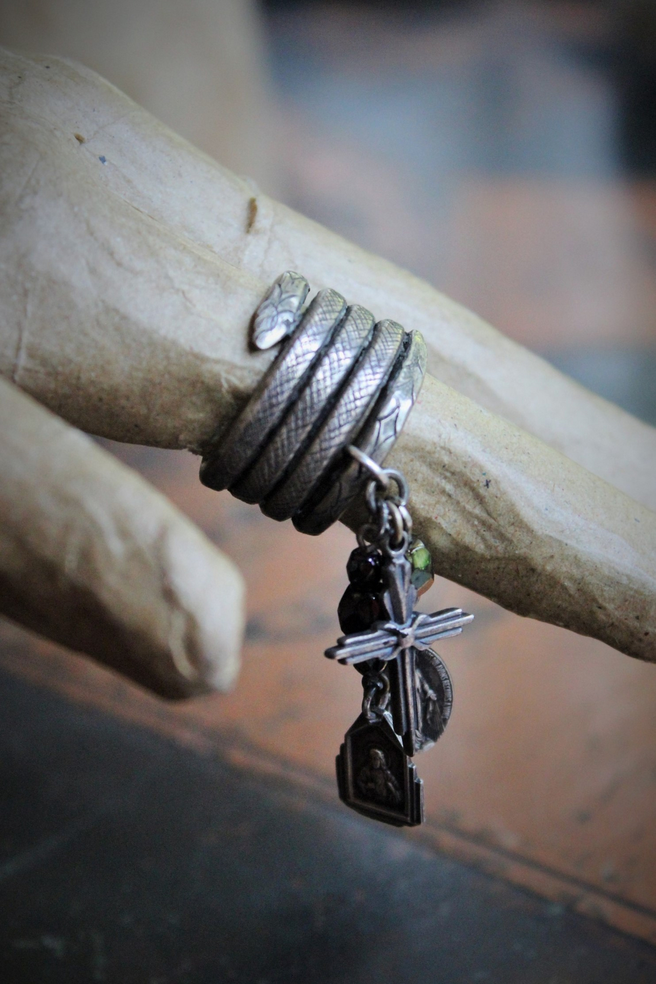 The Triumph Ring w/Antique Sterling Coiled Serpent Band,Antique French Marian & Sacred Heart of Jesus Medals,Antique Sterling Cross,Antique Faceted Glass Bead Connectors