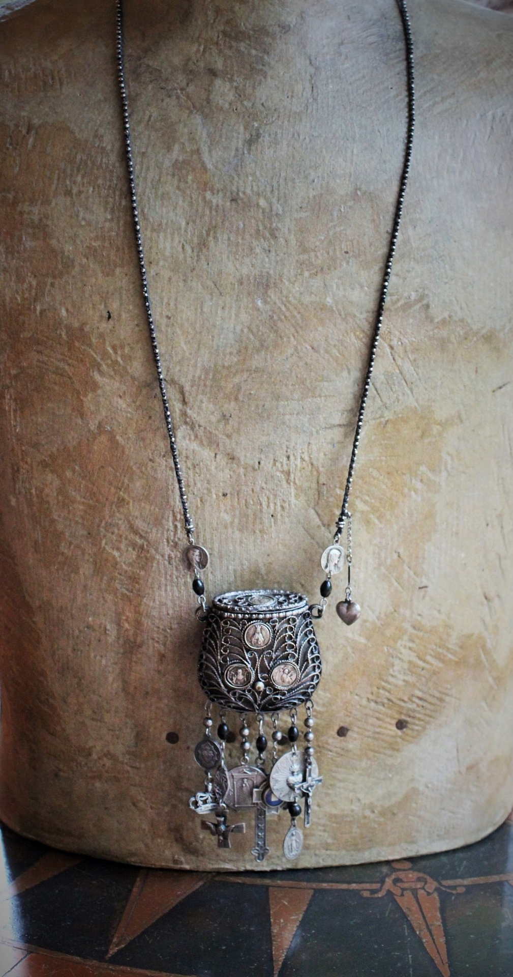 Antique Prayer Box Pendant Necklace w/Inset Antique French Medals,Antique Relic Medal,Antique Sterling Peace Dove & 4 Way Cross,Rare Antique French Sterling Our Lady of Moulins Medal & Much More!