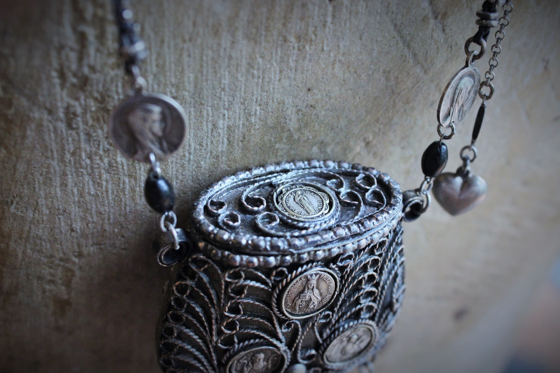 Antique Prayer Box Pendant Necklace w/Inset Antique French Medals,Antique Relic Medal,Antique Sterling Peace Dove & 4 Way Cross,Rare Antique French Sterling Our Lady of Moulins Medal & Much More!