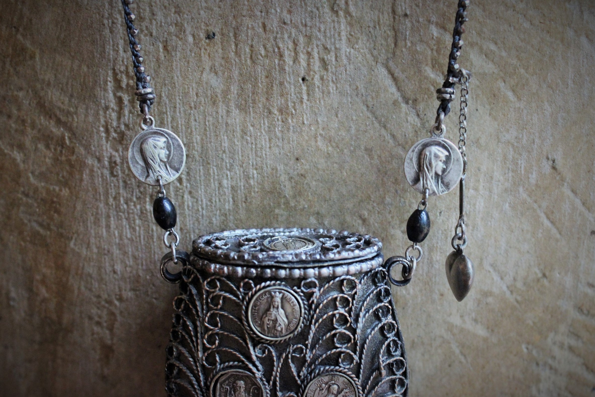 Antique Prayer Box Pendant Necklace w/Inset Antique French Medals,Antique Relic Medal,Antique Sterling Peace Dove & 4 Way Cross,Rare Antique French Sterling Our Lady of Moulins Medal & Much More!
