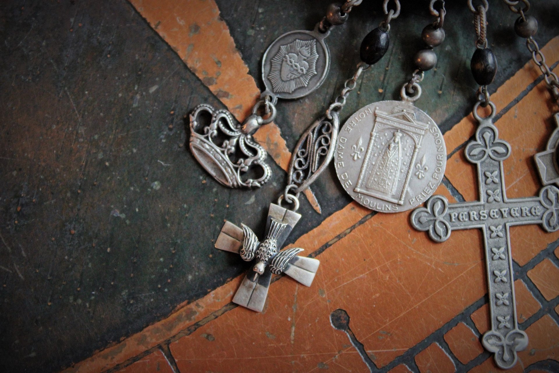Antique Prayer Box Pendant Necklace w/Inset Antique French Medals,Antique Relic Medal,Antique Sterling Peace Dove & 4 Way Cross,Rare Antique French Sterling Our Lady of Moulins Medal & Much More!