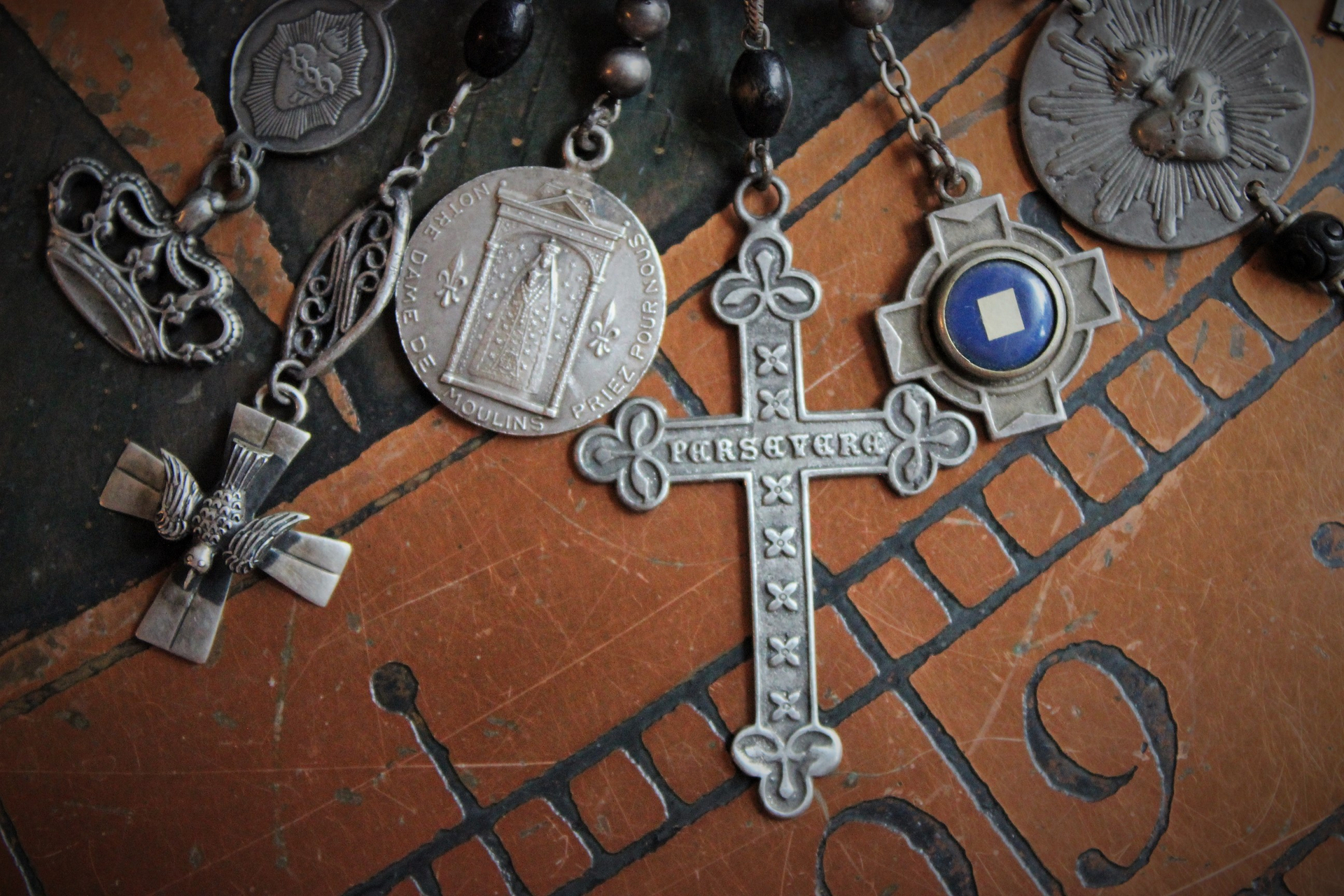 Antique Prayer Box Pendant Necklace w/Inset Antique French Medals,Antique Relic Medal,Antique Sterling Peace Dove & 4 Way Cross,Rare Antique French Sterling Our Lady of Moulins Medal & Much More!