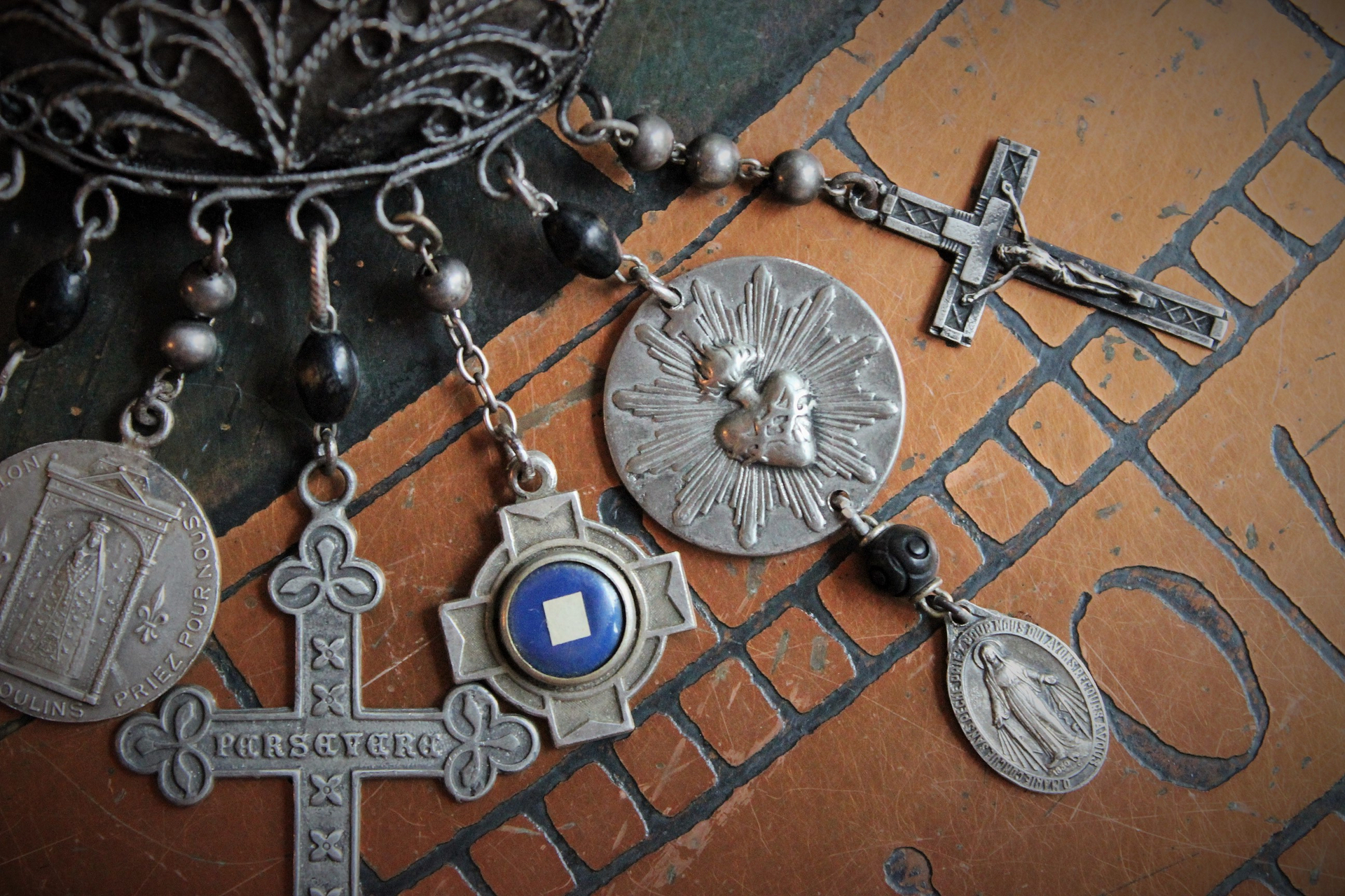 Antique Prayer Box Pendant Necklace w/Inset Antique French Medals,Antique Relic Medal,Antique Sterling Peace Dove & 4 Way Cross,Rare Antique French Sterling Our Lady of Moulins Medal & Much More!