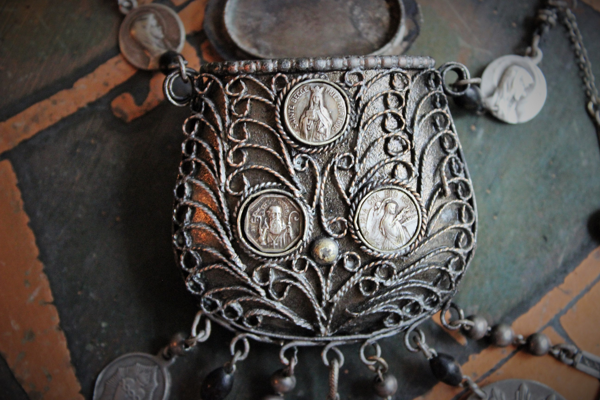 Antique Prayer Box Pendant Necklace w/Inset Antique French Medals,Antique Relic Medal,Antique Sterling Peace Dove & 4 Way Cross,Rare Antique French Sterling Our Lady of Moulins Medal & Much More!