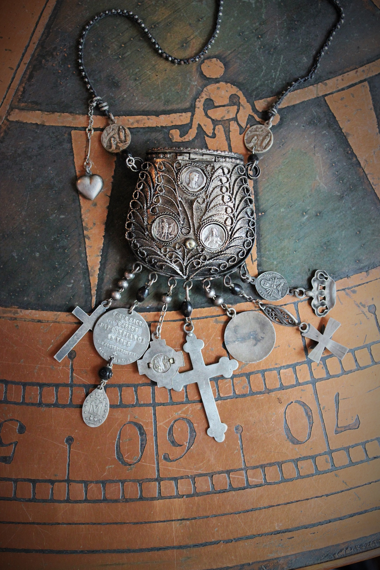 Antique Prayer Box Pendant Necklace w/Inset Antique French Medals,Antique Relic Medal,Antique Sterling Peace Dove & 4 Way Cross,Rare Antique French Sterling Our Lady of Moulins Medal & Much More!