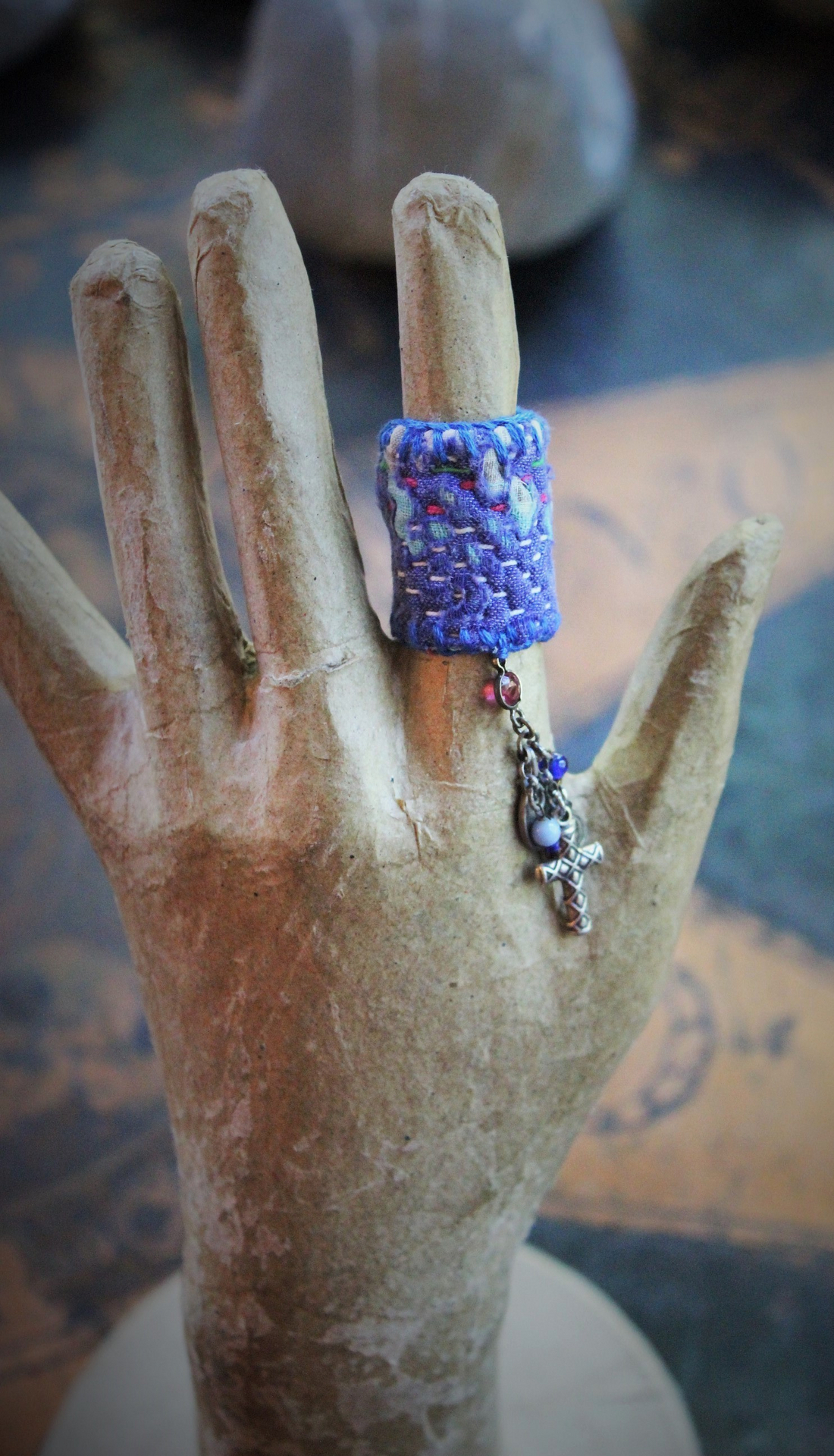 Antique Hand Stitched Kantha Ring w/Tiny Antique Sterling French Marian Medal,Antiqe Sterling Cross,Antique Our Lady of Lourdes Medal,Tiny Antique Art Deco Beads