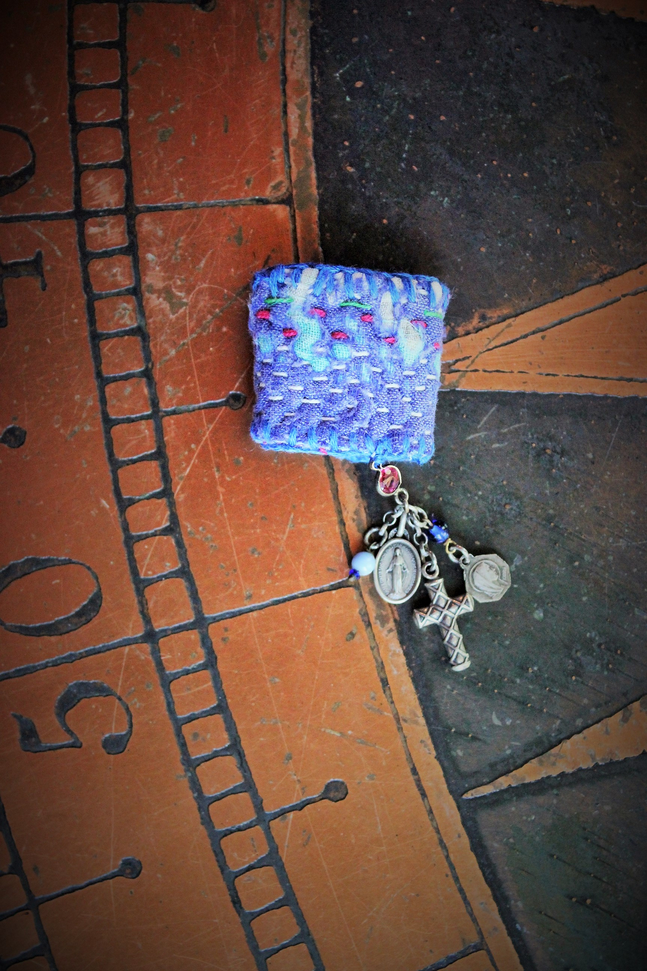 Antique Hand Stitched Kantha Ring w/Tiny Antique Sterling French Marian Medal,Antiqe Sterling Cross,Antique Our Lady of Lourdes Medal,Tiny Antique Art Deco Beads