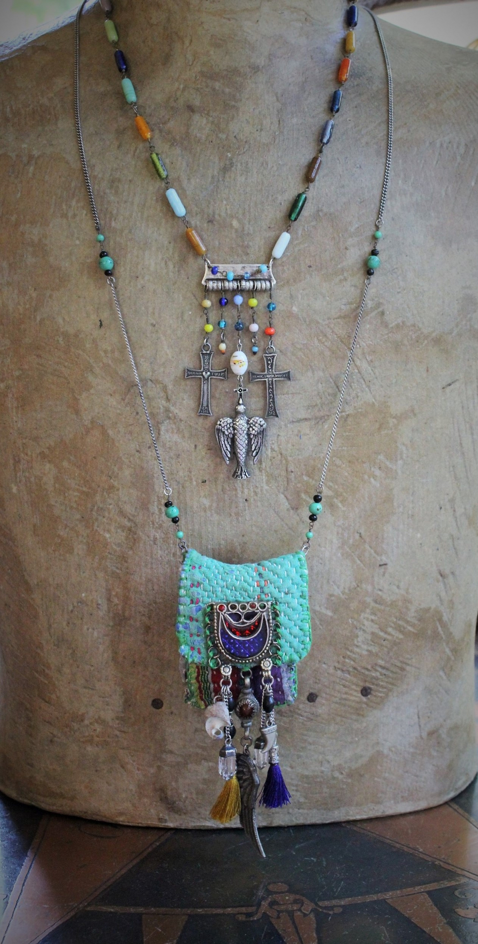 Antique Kantha Hand Stitched Pouch Pendant Necklace w/Tiny Tarot Card Full Deck, Antique Kuchi Gypsy Findings,Vintage Silver Angel Wing,Silver Capped Quartz Points & More!