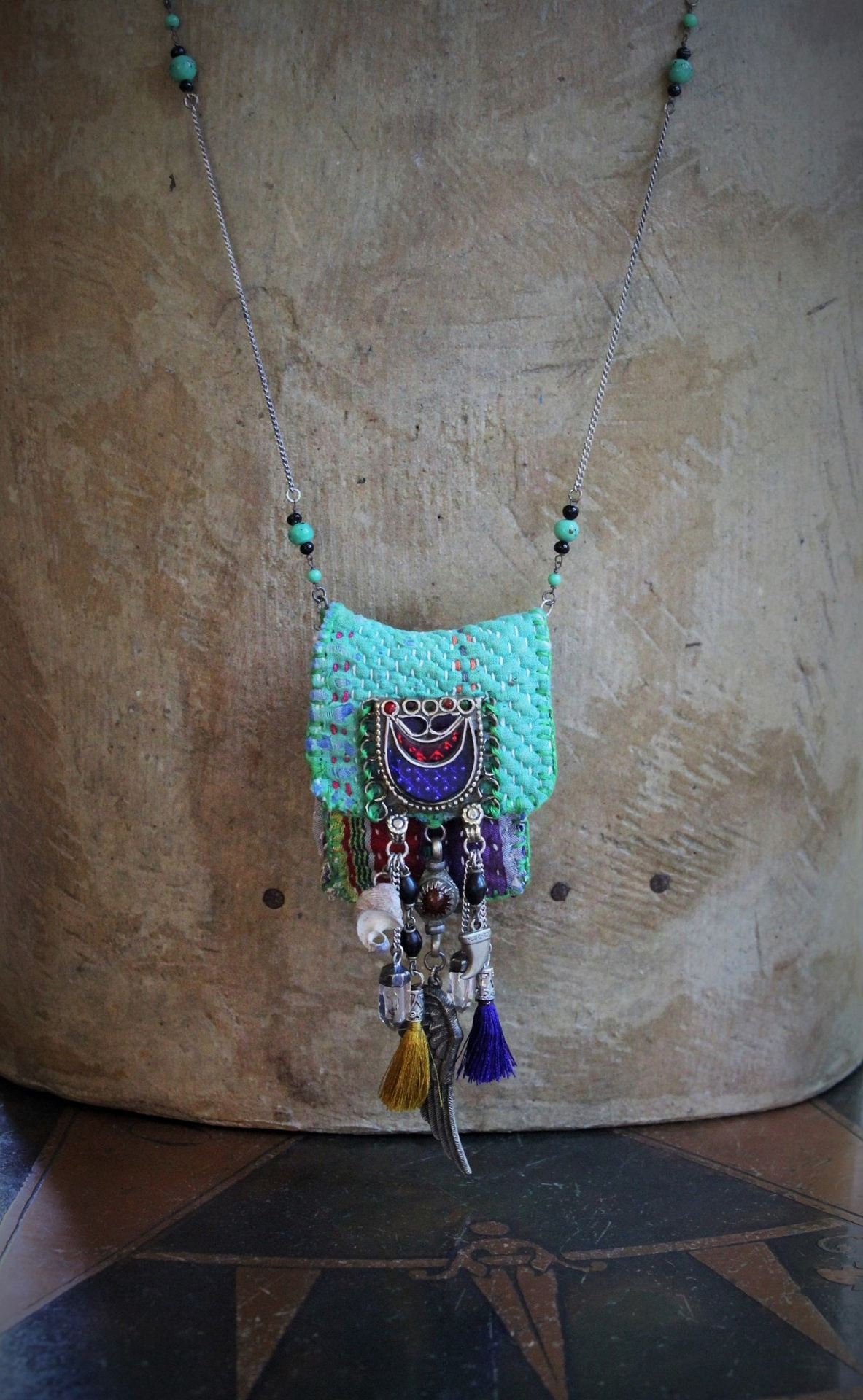Antique Kantha Hand Stitched Pouch Pendant Necklace w/Tiny Tarot Card Full Deck, Antique Kuchi Gypsy Findings,Vintage Silver Angel Wing,Silver Capped Quartz Points & More!