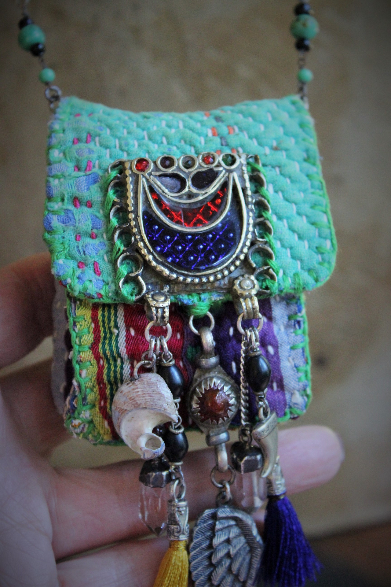 Antique Kantha Hand Stitched Pouch Pendant Necklace w/Tiny Tarot Card Full Deck, Antique Kuchi Gypsy Findings,Vintage Silver Angel Wing,Silver Capped Quartz Points & More!