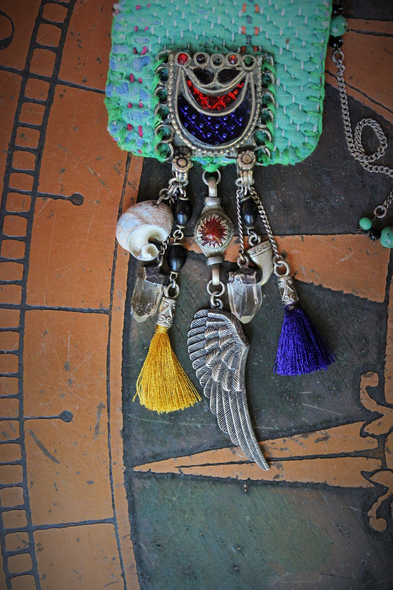 Antique Kantha Hand Stitched Pouch Pendant Necklace w/Tiny Tarot Card Full Deck, Antique Kuchi Gypsy Findings,Vintage Silver Angel Wing,Silver Capped Quartz Points & More!