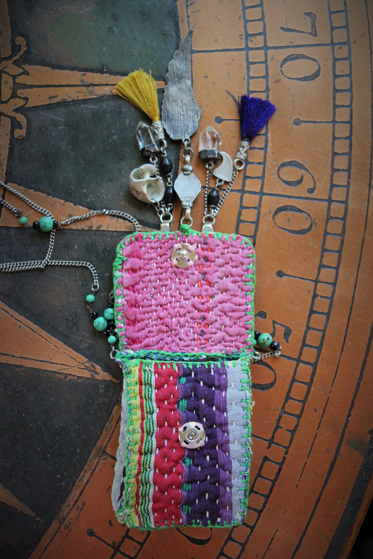 Antique Kantha Hand Stitched Pouch Pendant Necklace w/Tiny Tarot Card Full Deck, Antique Kuchi Gypsy Findings,Vintage Silver Angel Wing,Silver Capped Quartz Points & More!