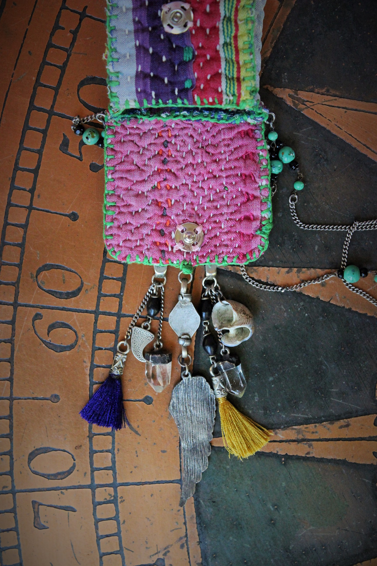 Antique Kantha Hand Stitched Pouch Pendant Necklace w/Tiny Tarot Card Full Deck, Antique Kuchi Gypsy Findings,Vintage Silver Angel Wing,Silver Capped Quartz Points & More!