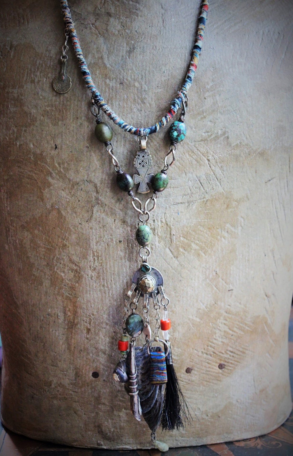 I Speak to You Amulet Necklace w/Antique Kantha,Hand Painted Mussel Shell,Antique Coptic Cross,Antique Sterling Snake Drop,Rainbow Jasper Drop,Antique Gypsy Coin + Much More!