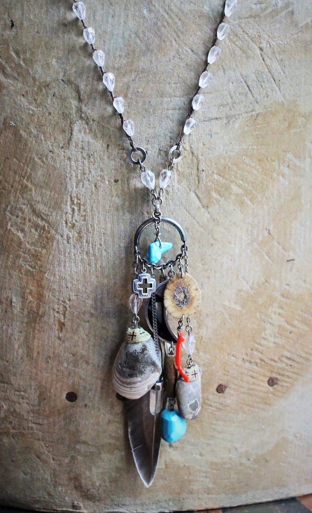 The 4 Elements Amulet Necklace w/Hand Crocheted Rock Crystal Bead Chain, Ancient Shell Fossils,Antique Sterling Inlay Crescent Moon,Rare Faceted Turquoise Nugget,Sterling 4 Way Cross & More!