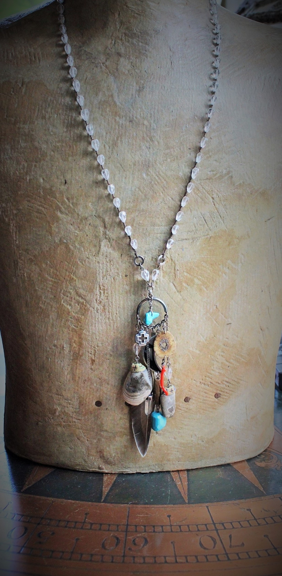 The 4 Elements Amulet Necklace w/Hand Crocheted Rock Crystal Bead Chain, Ancient Shell Fossils,Antique Sterling Inlay Crescent Moon,Rare Faceted Turquoise Nugget,Sterling 4 Way Cross & More!