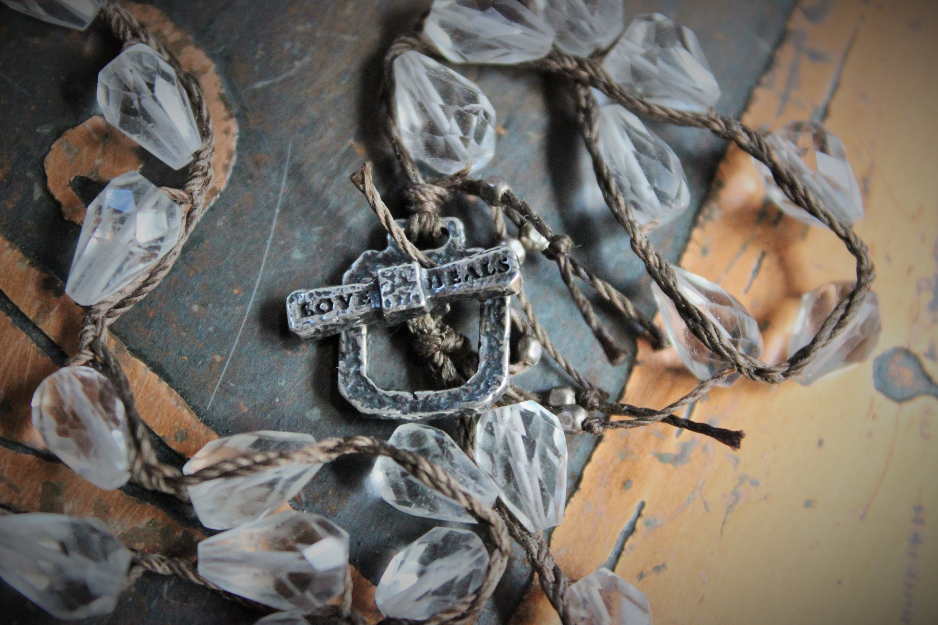 Layaway for L The 4 Elements Amulet Necklace w/Hand Crocheted Rock Crystal Bead Chain, Ancient Shell Fossils,Antique Sterling Inlay Crescent Moon,Rare Faceted Turquoise Nugget,Sterling 4 Way Cross & More!