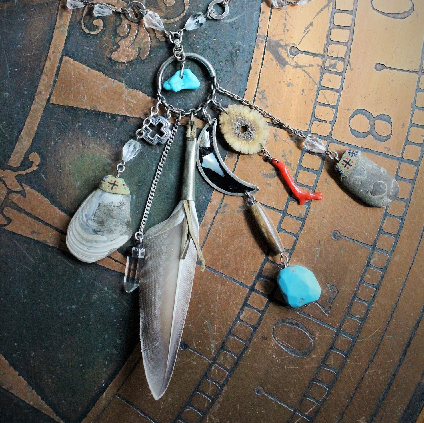 Layaway for L The 4 Elements Amulet Necklace w/Hand Crocheted Rock Crystal Bead Chain, Ancient Shell Fossils,Antique Sterling Inlay Crescent Moon,Rare Faceted Turquoise Nugget,Sterling 4 Way Cross & More!