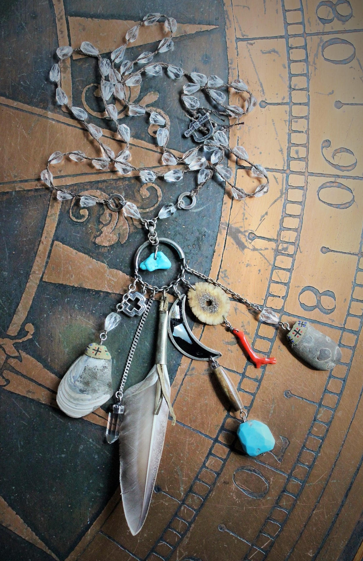 Layaway for L The 4 Elements Amulet Necklace w/Hand Crocheted Rock Crystal Bead Chain, Ancient Shell Fossils,Antique Sterling Inlay Crescent Moon,Rare Faceted Turquoise Nugget,Sterling 4 Way Cross & More!