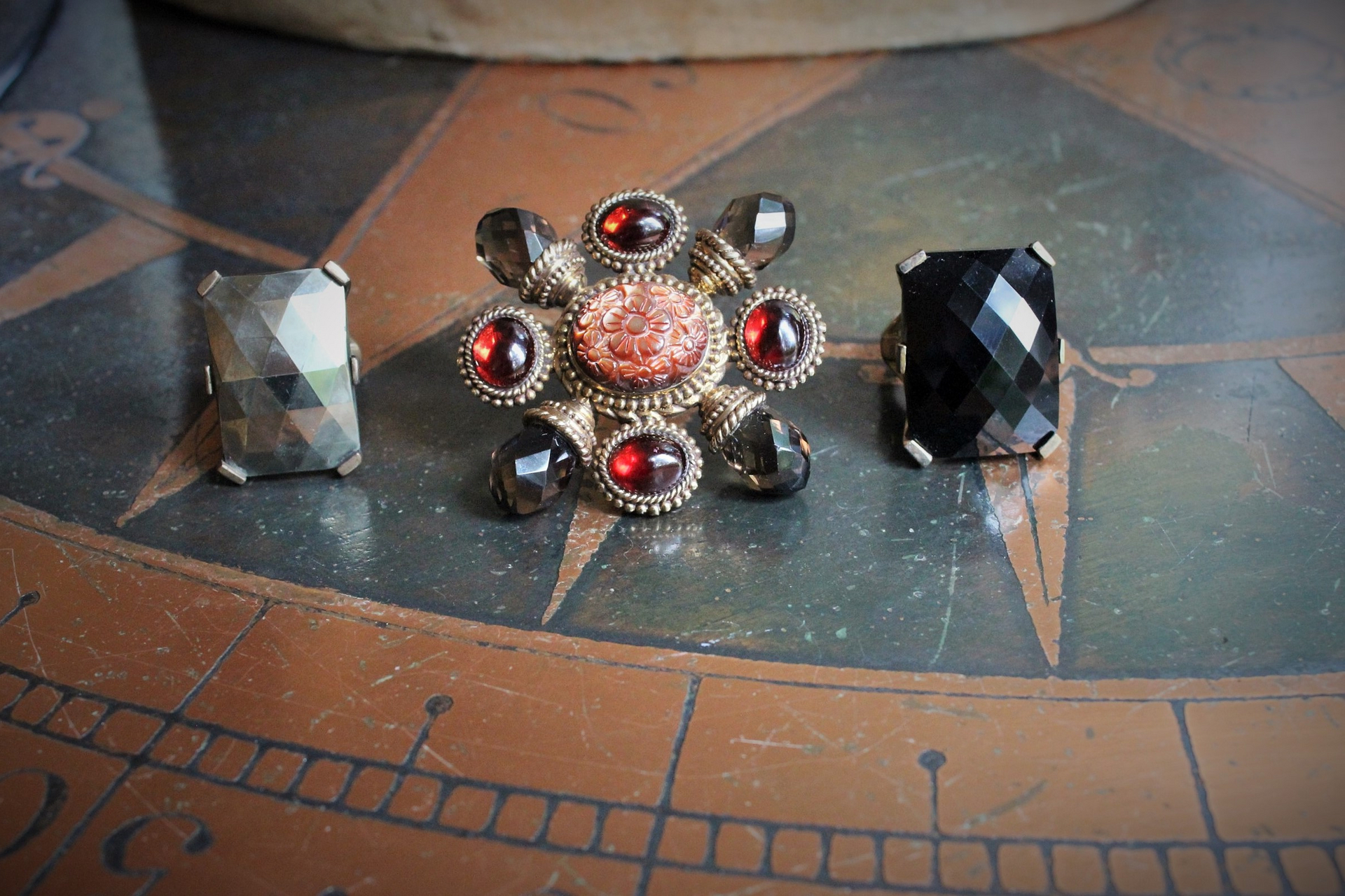 PRICE REDUCED! Majestic Dweck Ring Trio - Checkerboard Faceted Pyrite, Checkerboard Faceted Onyx and AMAZING Smoky Topaz & Garnet Statement Ring