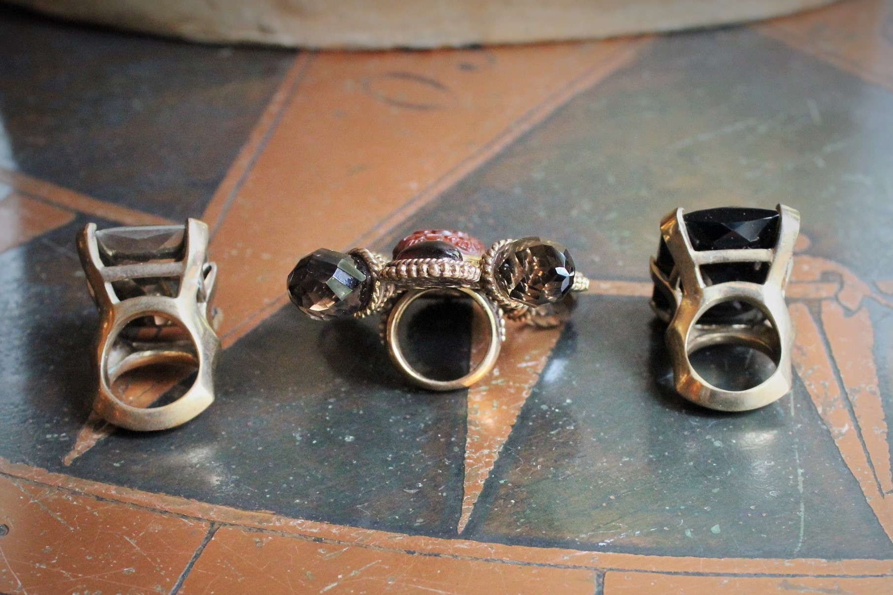 PRICE REDUCED! Majestic Dweck Ring Trio - Checkerboard Faceted Pyrite, Checkerboard Faceted Onyx and AMAZING Smoky Topaz & Garnet Statement Ring