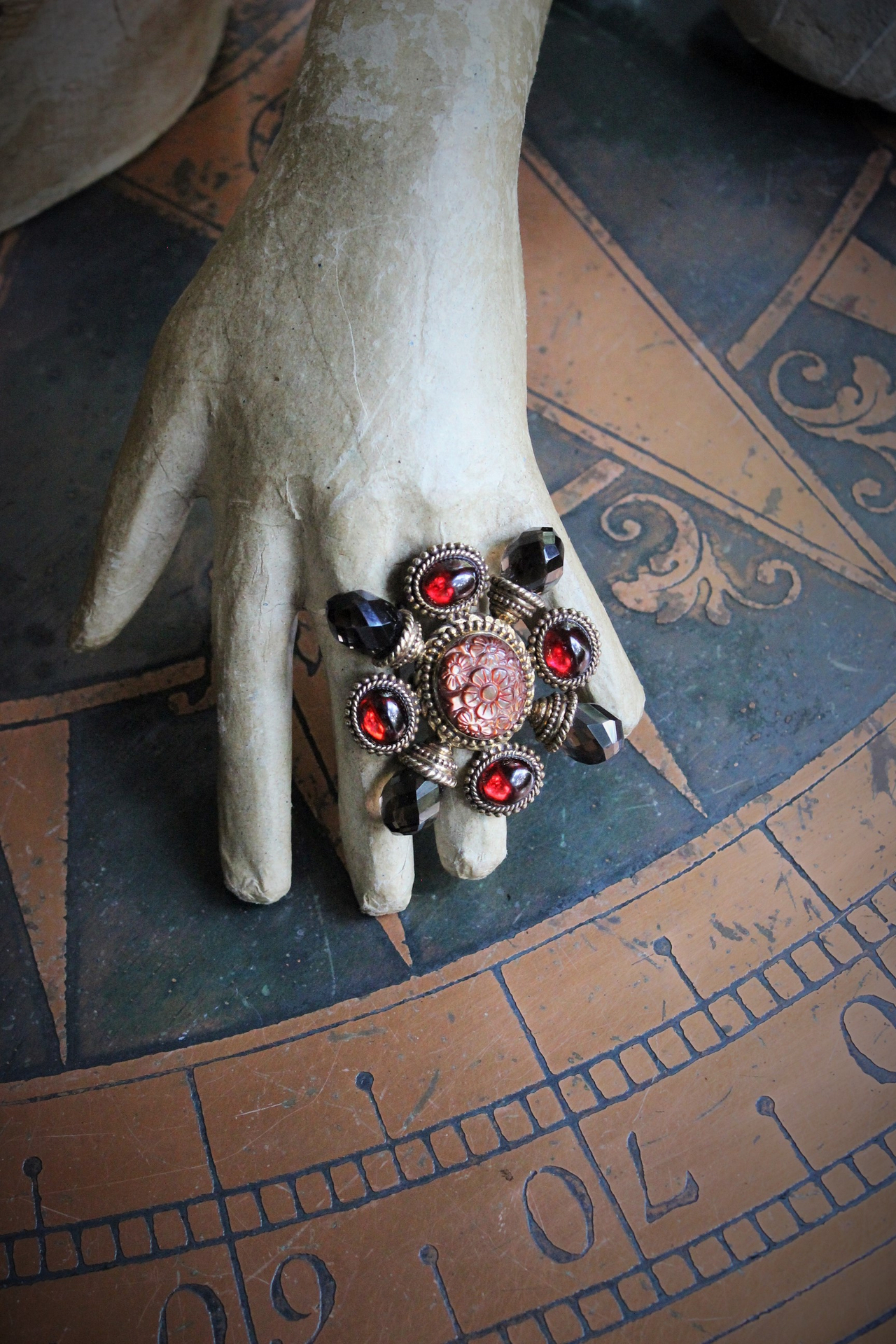 PRICE REDUCED! Majestic Dweck Ring Trio - Checkerboard Faceted Pyrite, Checkerboard Faceted Onyx and AMAZING Smoky Topaz & Garnet Statement Ring