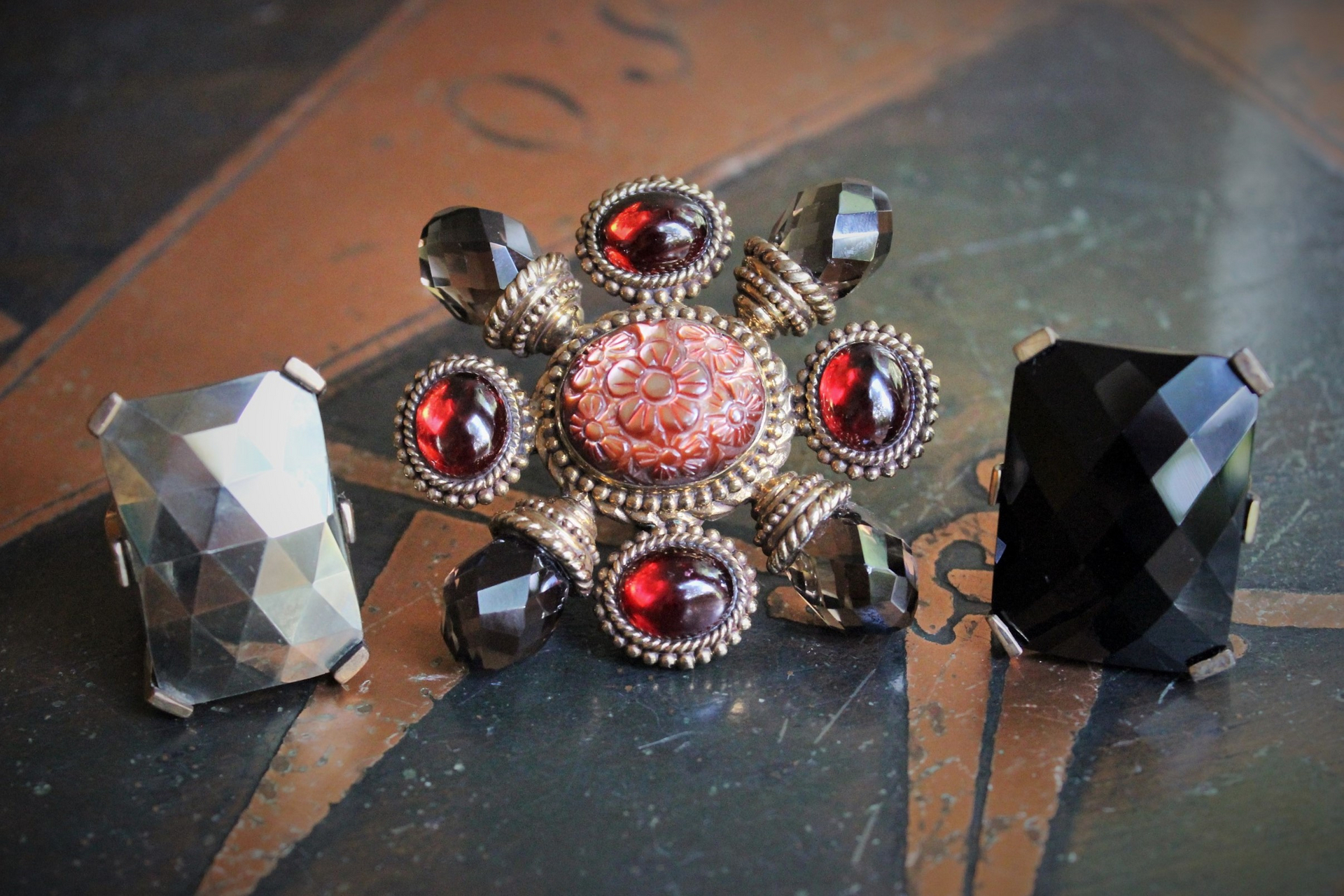 PRICE REDUCED! Majestic Dweck Ring Trio - Checkerboard Faceted Pyrite, Checkerboard Faceted Onyx and AMAZING Smoky Topaz & Garnet Statement Ring