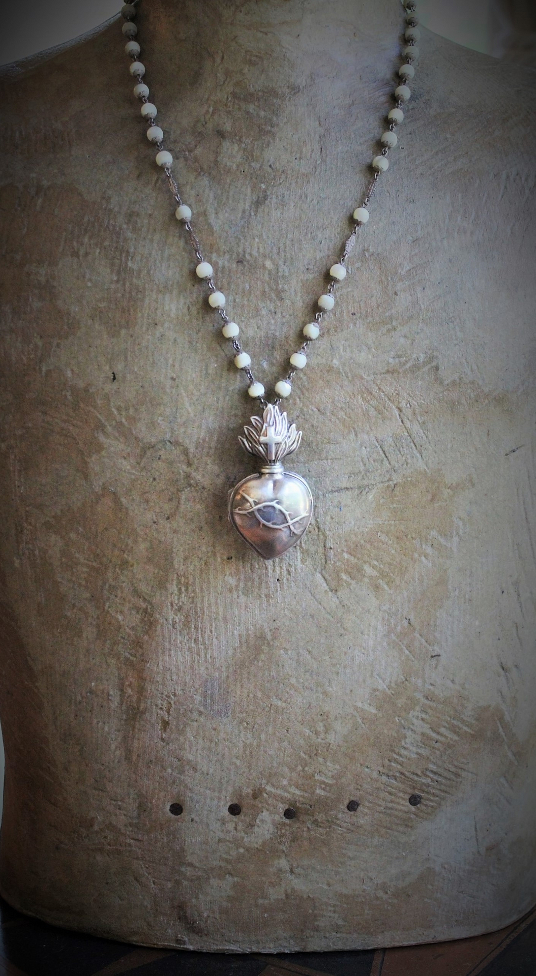 Price Reduced! RARE Antique French Sterling Flaming Sacred Heart Ex Voto Necklace w/Antique French Sterling Mother of Pearl Rosary Chain