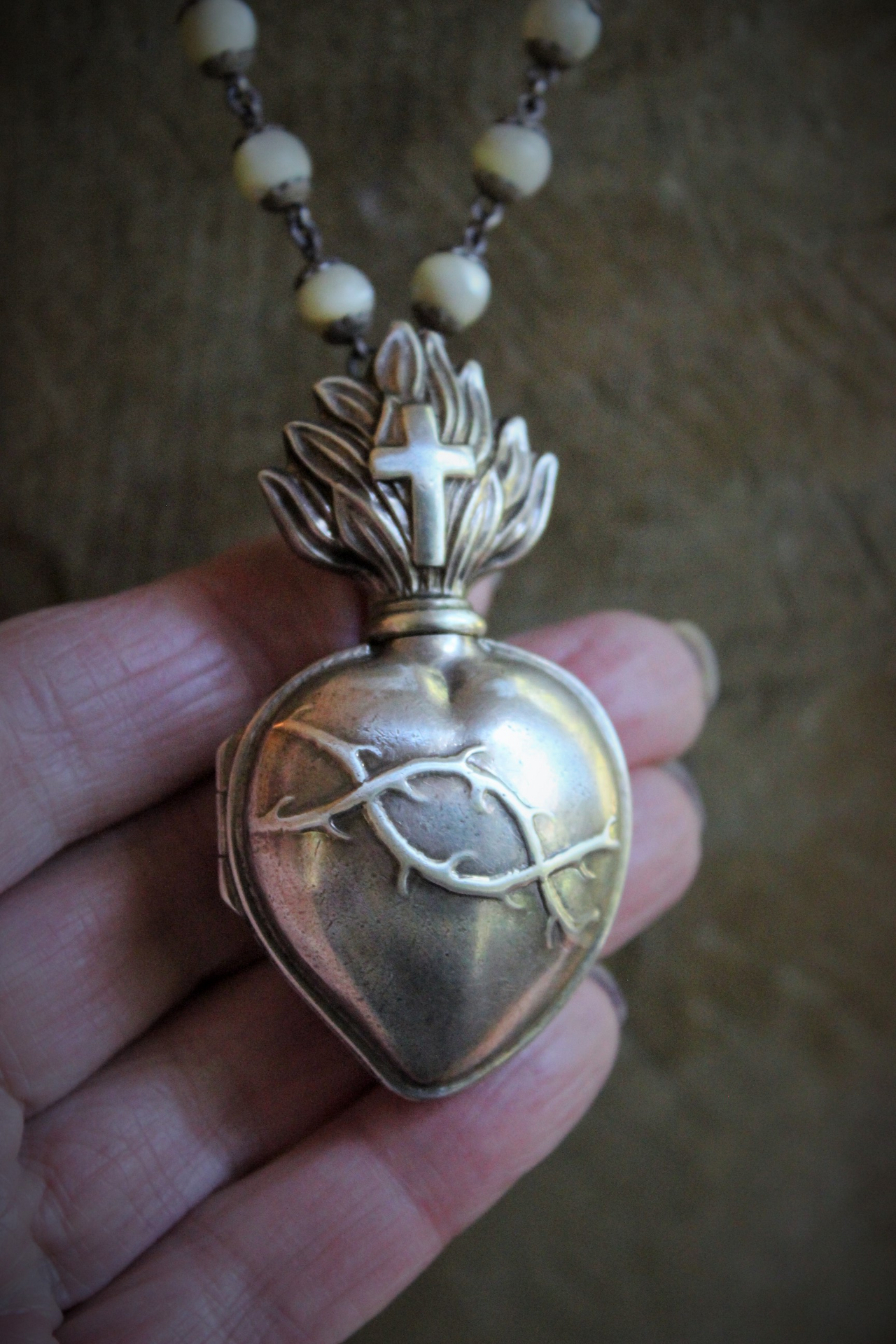Price Reduced! RARE Antique French Sterling Flaming Sacred Heart Ex Voto Necklace w/Antique French Sterling Mother of Pearl Rosary Chain