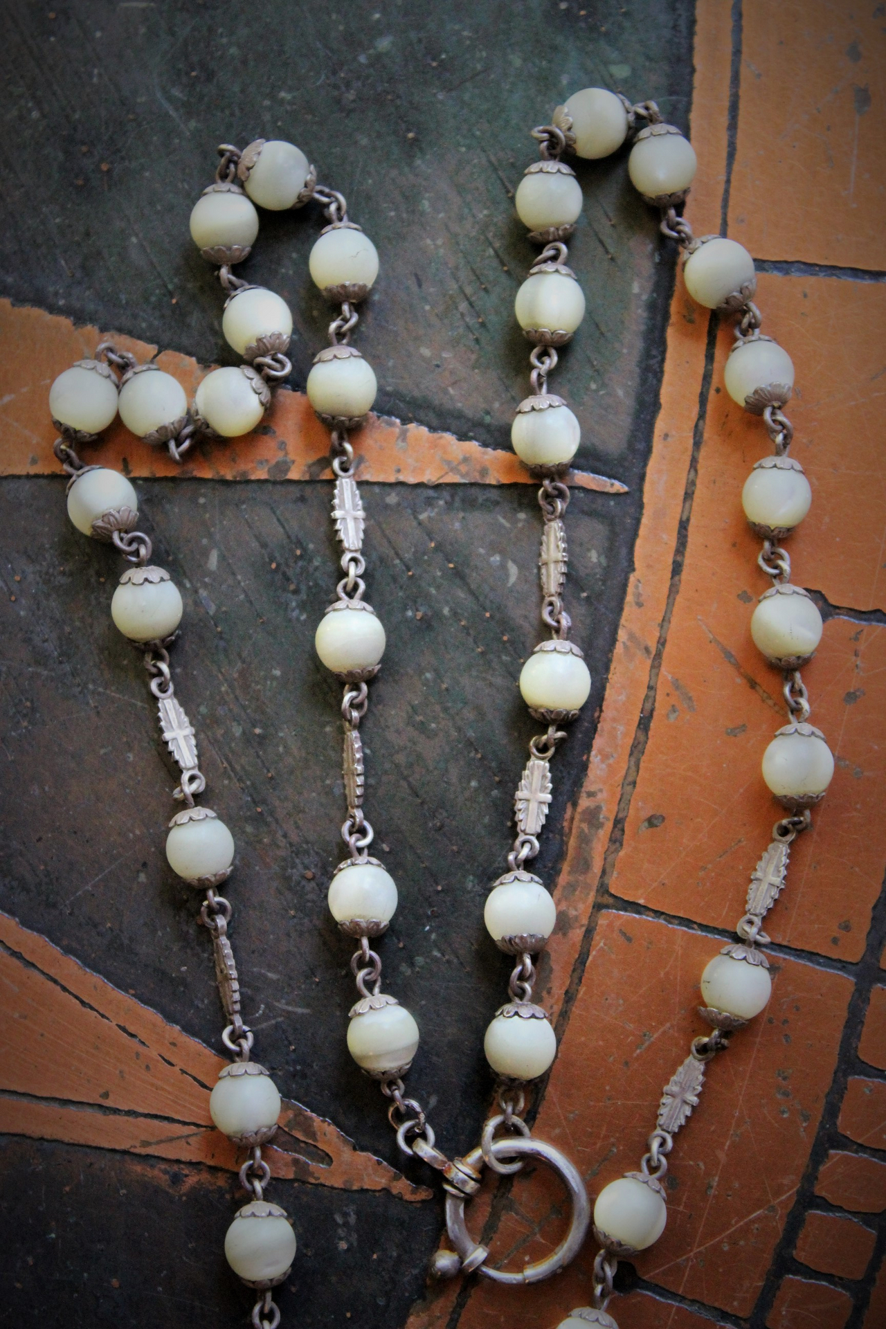 Price Reduced! RARE Antique French Sterling Flaming Sacred Heart Ex Voto Necklace w/Antique French Sterling Mother of Pearl Rosary Chain